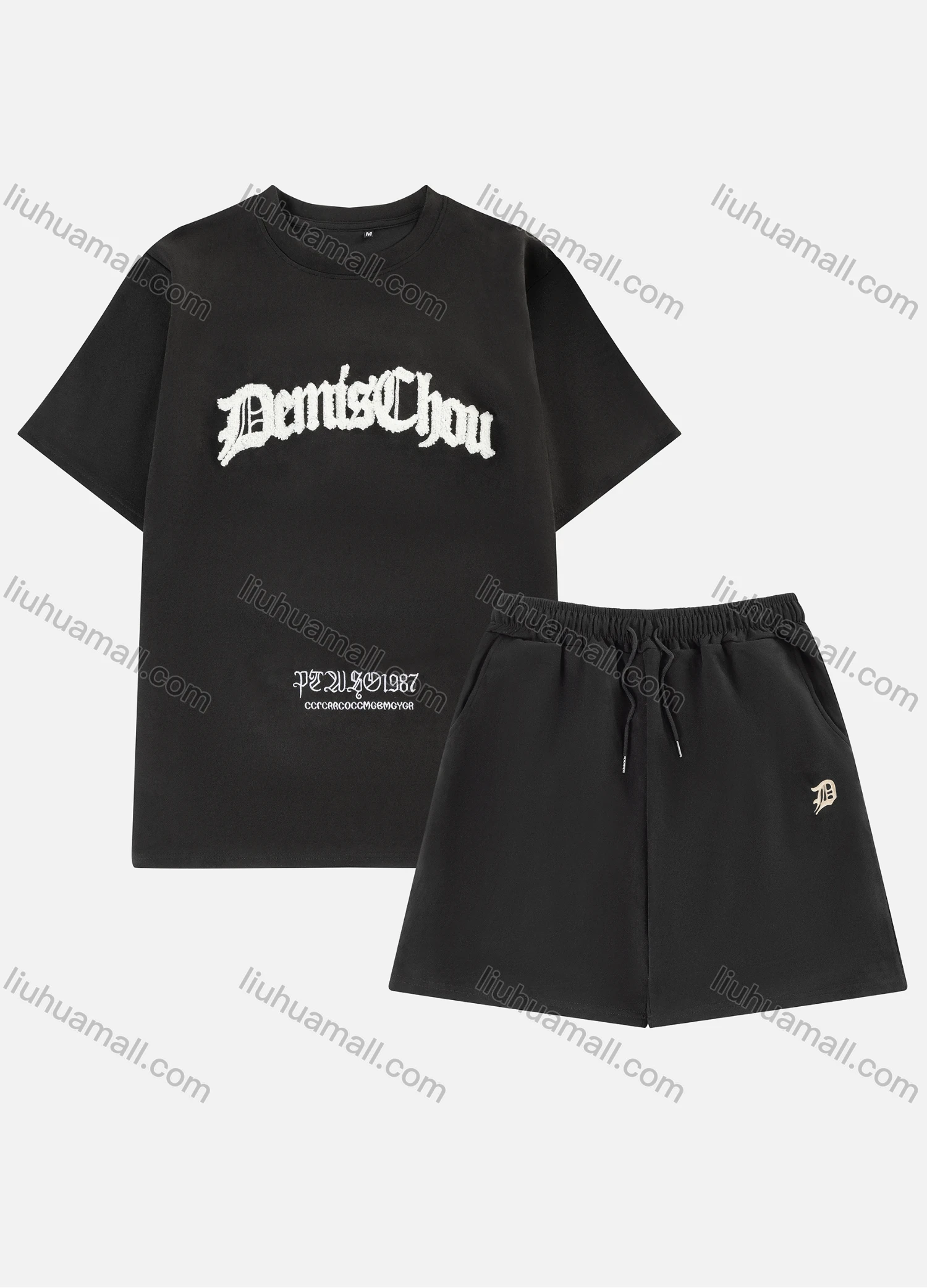 Wholesale Men's Casual Letter Print Short Sleeve T-Shirts & Drawstring Patch Pocket Shorts 2 Piece Set - Liuhuamall