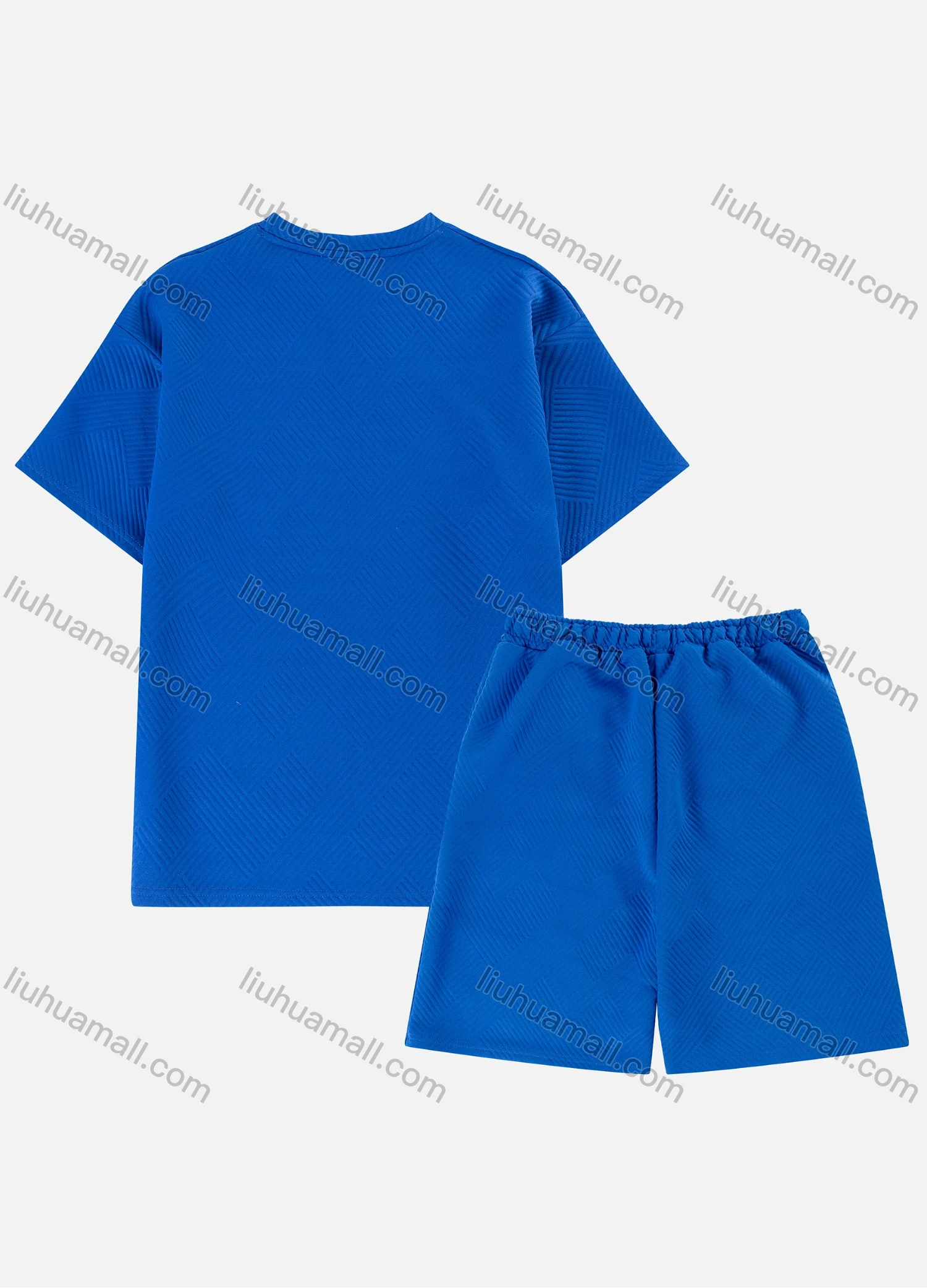 Wholesale Men's Casual Plain Texture Drop Shoulder Short Sleeve T-Shirts & Drawstring Patch Pocket Shorts 2 Piece Set - Liuhuamall