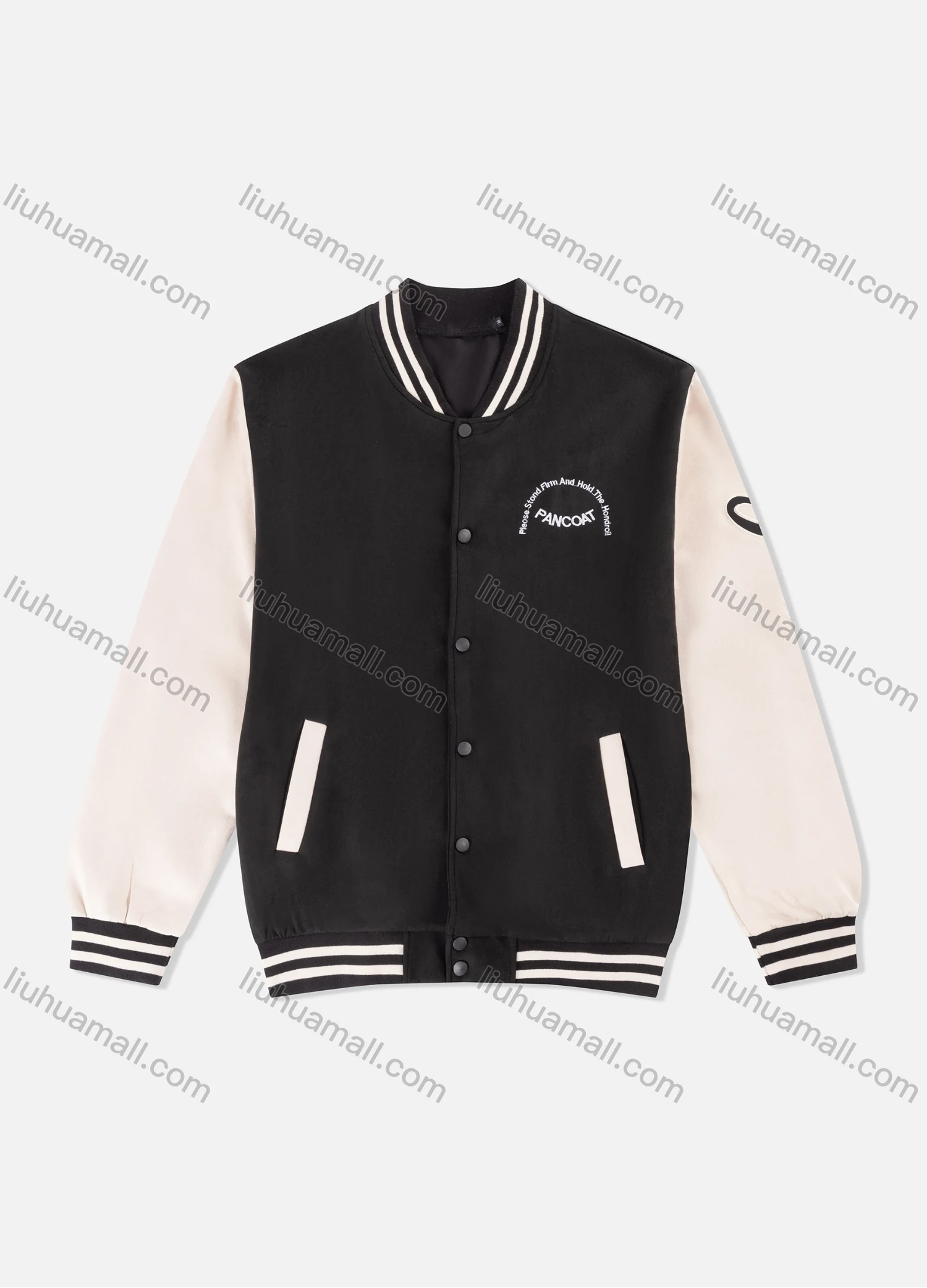 Wholesale Men's Fashion Letter Print Button Down Long Sleeve Contrast Pocket Striped Trim Baseball Jacket - Liuhuamall