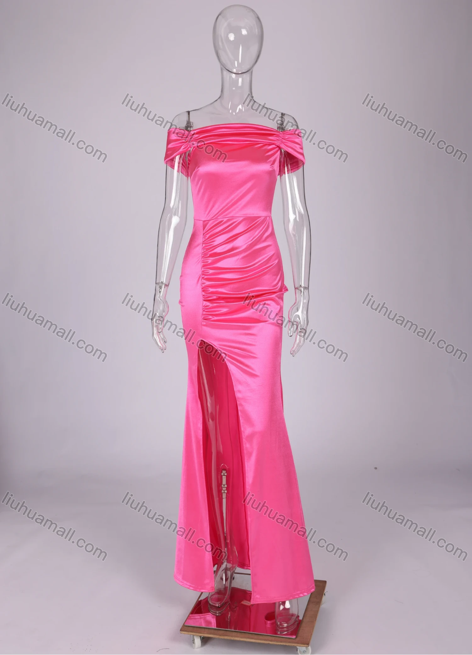 Wholesale Women's Elegant Off Shoulder Splicing Ruffle Trim Split Thign Maxi Evening Dress - Liuhuamall