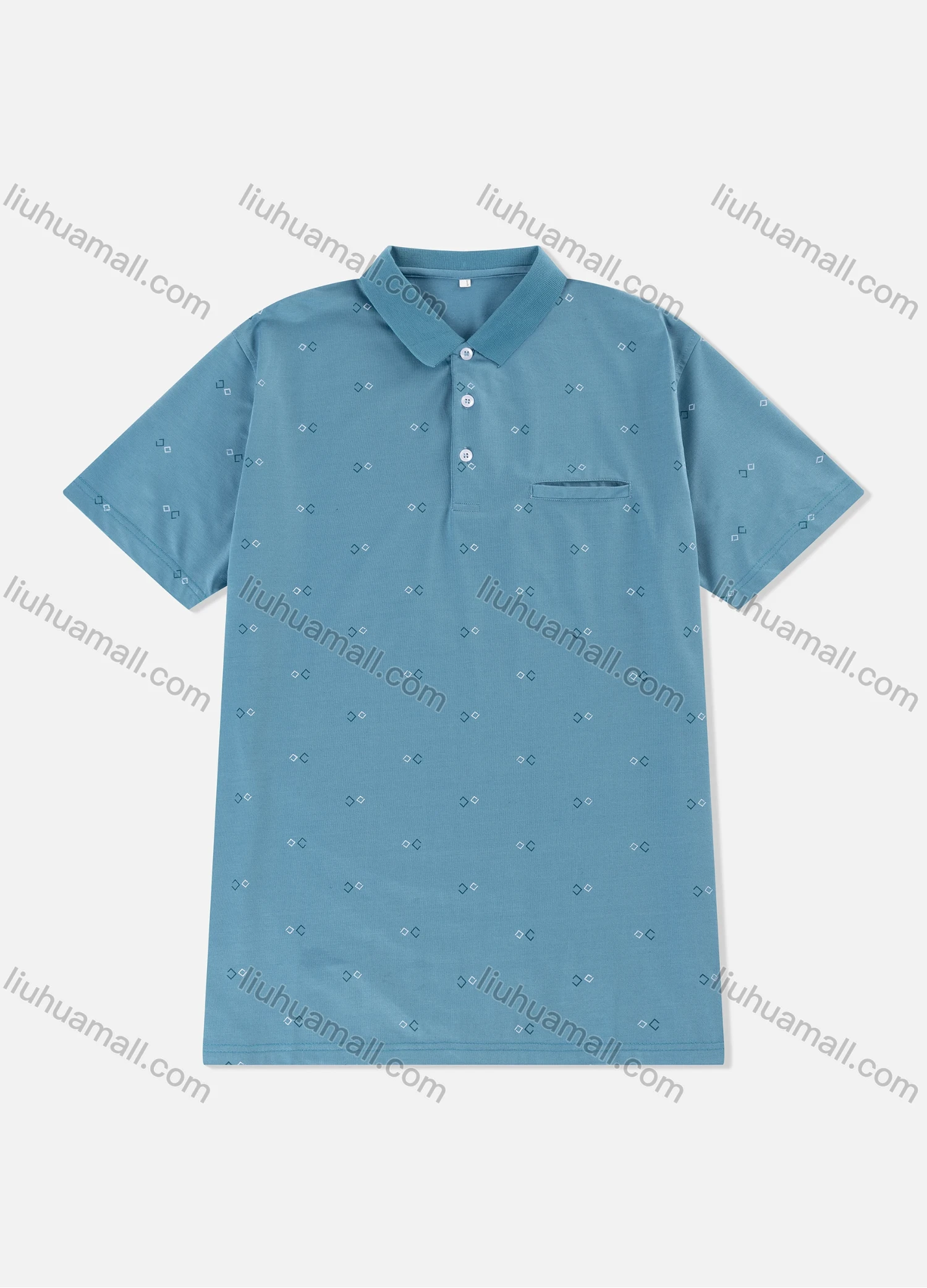Wholesale Men's Casual Allover Geometric Print Short Sleeve Patch Pocket Polo Shirt - Liuhuamall
