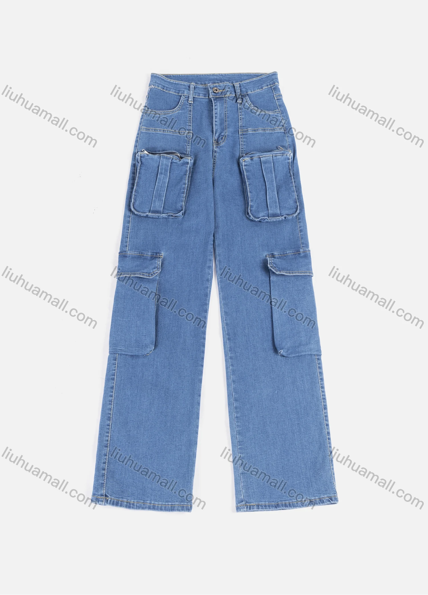 Wholesale Women's Casual Splicing Multiple Zipper Pockets Long Jeans 7002# - Liuhuamall