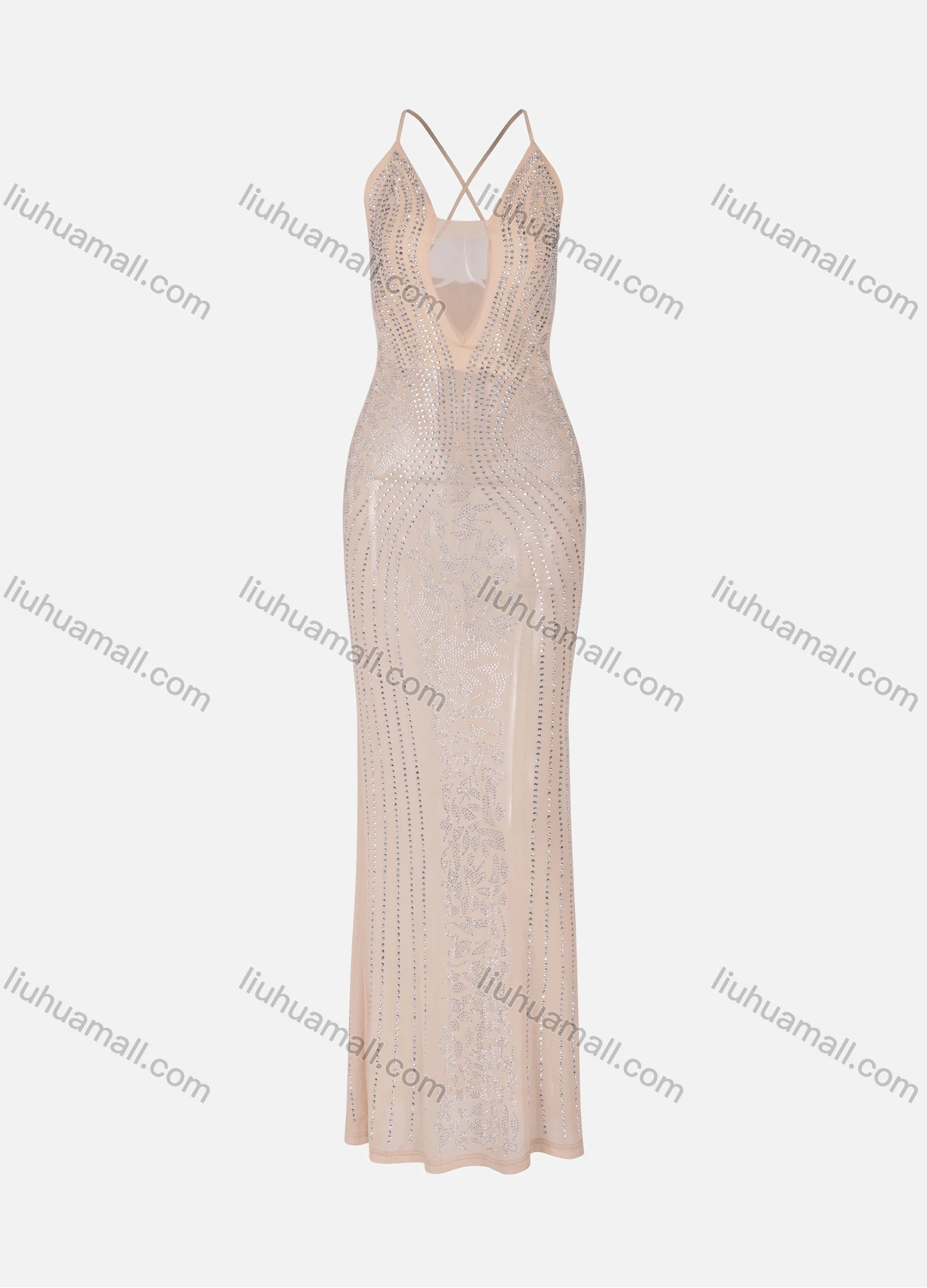 Wholesale Women's Glamorous Plain Rhinestone Splicing Sheer Mesh Cami Maxi Dress XM-118# - Liuhuamall