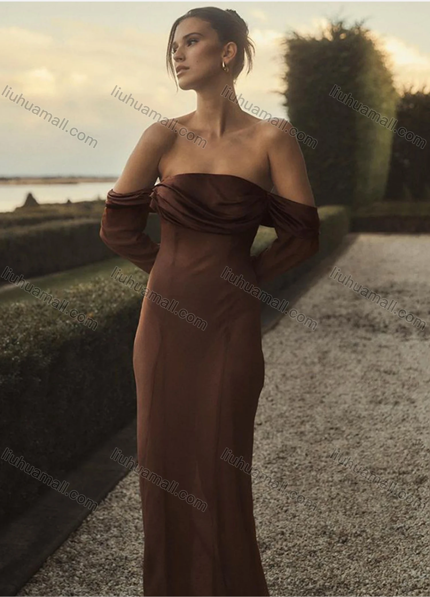 Wholesale Women's Sexy Off Shoulder Ruffle Trim Semi-Sheer Transparent Floor Length Evening Dress - Liuhuamall