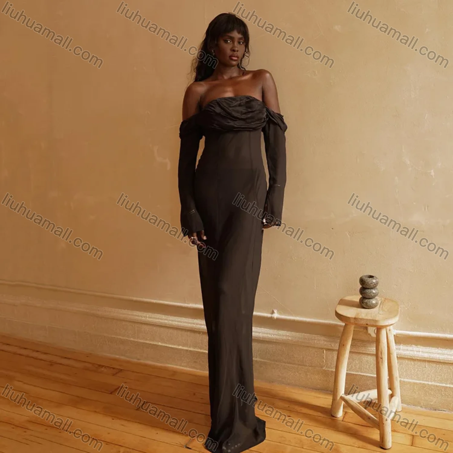 Wholesale Women's Sexy Off Shoulder Ruffle Trim Semi-Sheer Transparent Floor Length Evening Dress - Liuhuamall