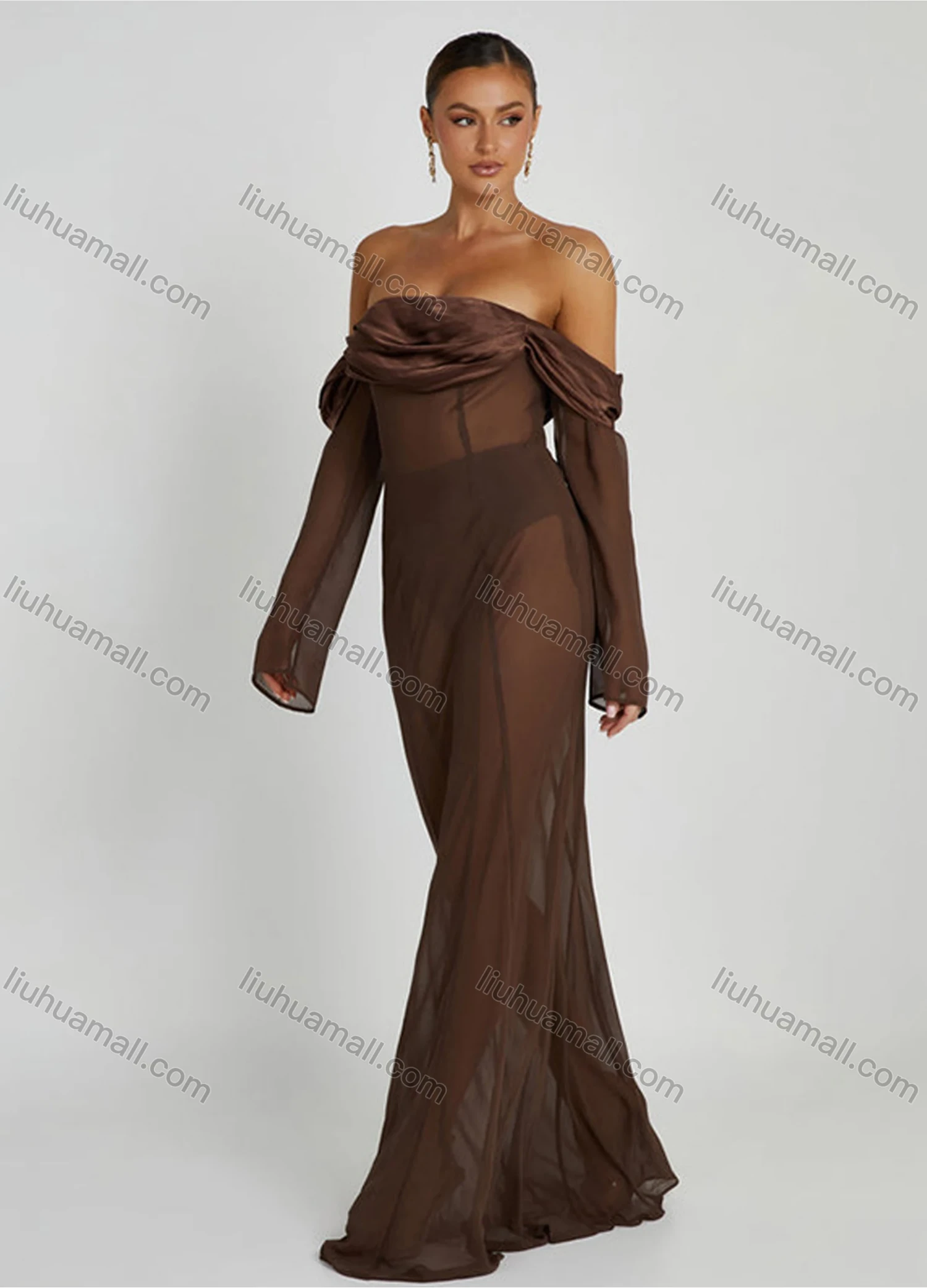 Wholesale Women's Sexy Off Shoulder Ruffle Trim Semi-Sheer Transparent Floor Length Evening Dress - Liuhuamall