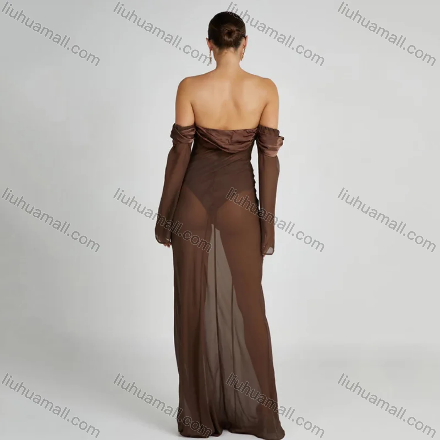 Wholesale Women's Sexy Off Shoulder Ruffle Trim Semi-Sheer Transparent Floor Length Evening Dress - Liuhuamall