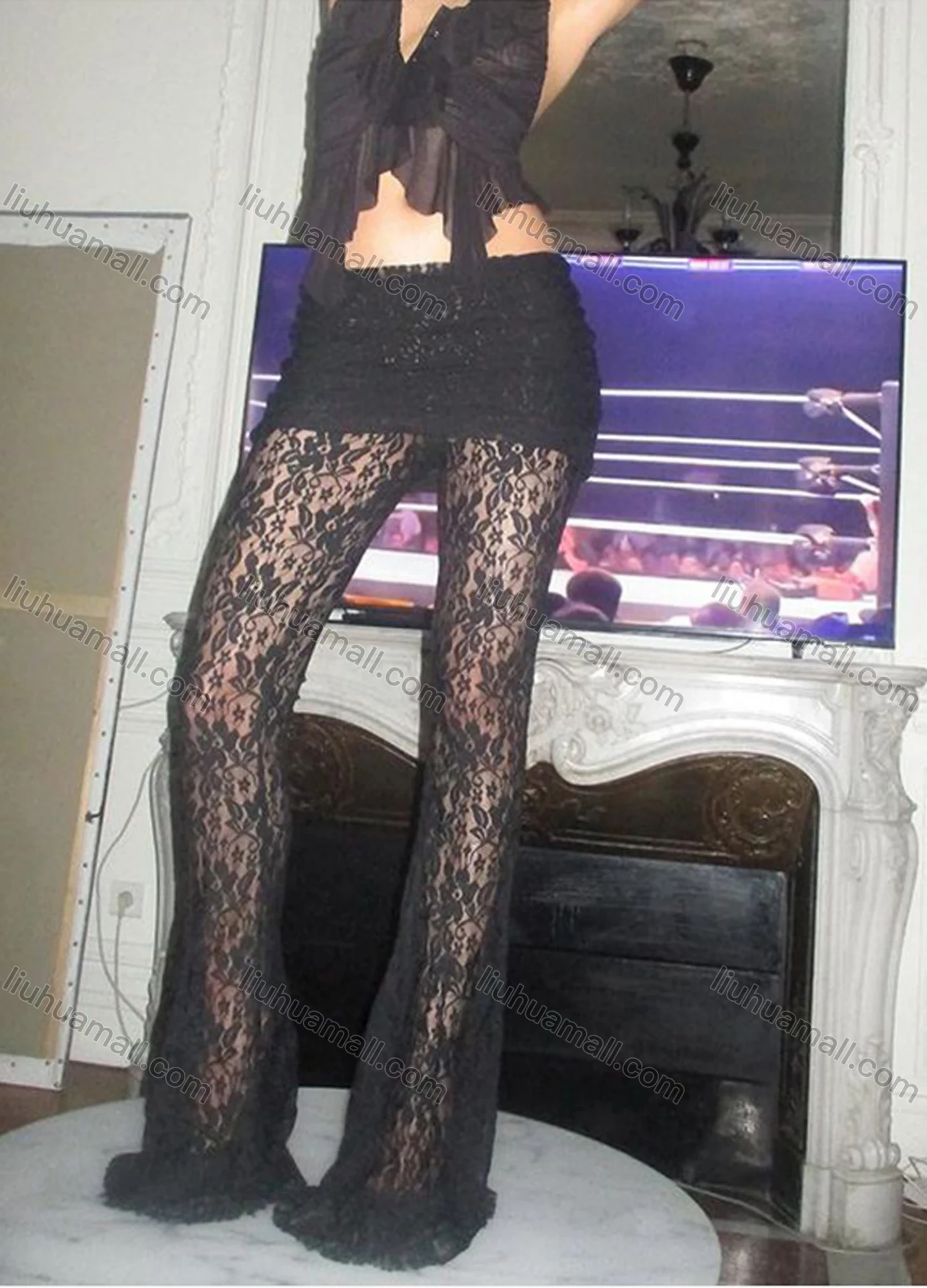 Wholesale Women's Sexy Guipure Lace Splicing Flare Leg Long Pant - Liuhuamall