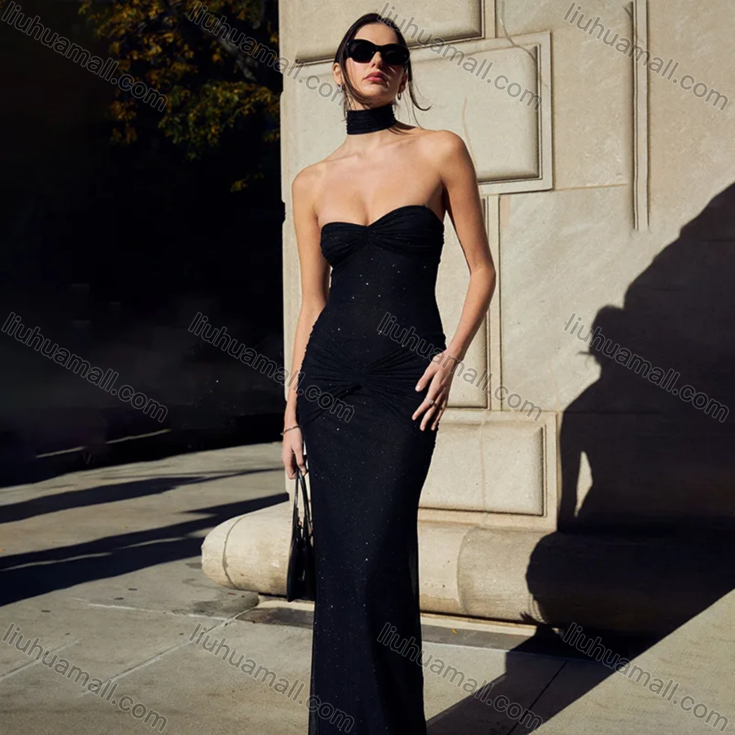 Wholesale Women's Sexy Strapless Ruched Floor Length Evening Dress - Liuhuamall