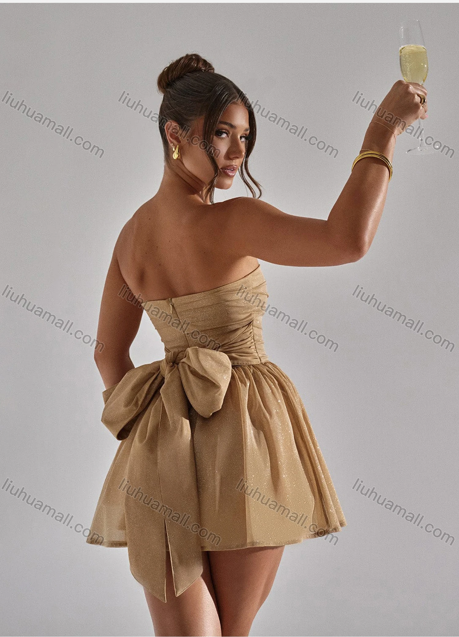 Wholesale Women's Elegant Strapless Sequin Bow Knot Mini Evening Dress - Liuhuamall