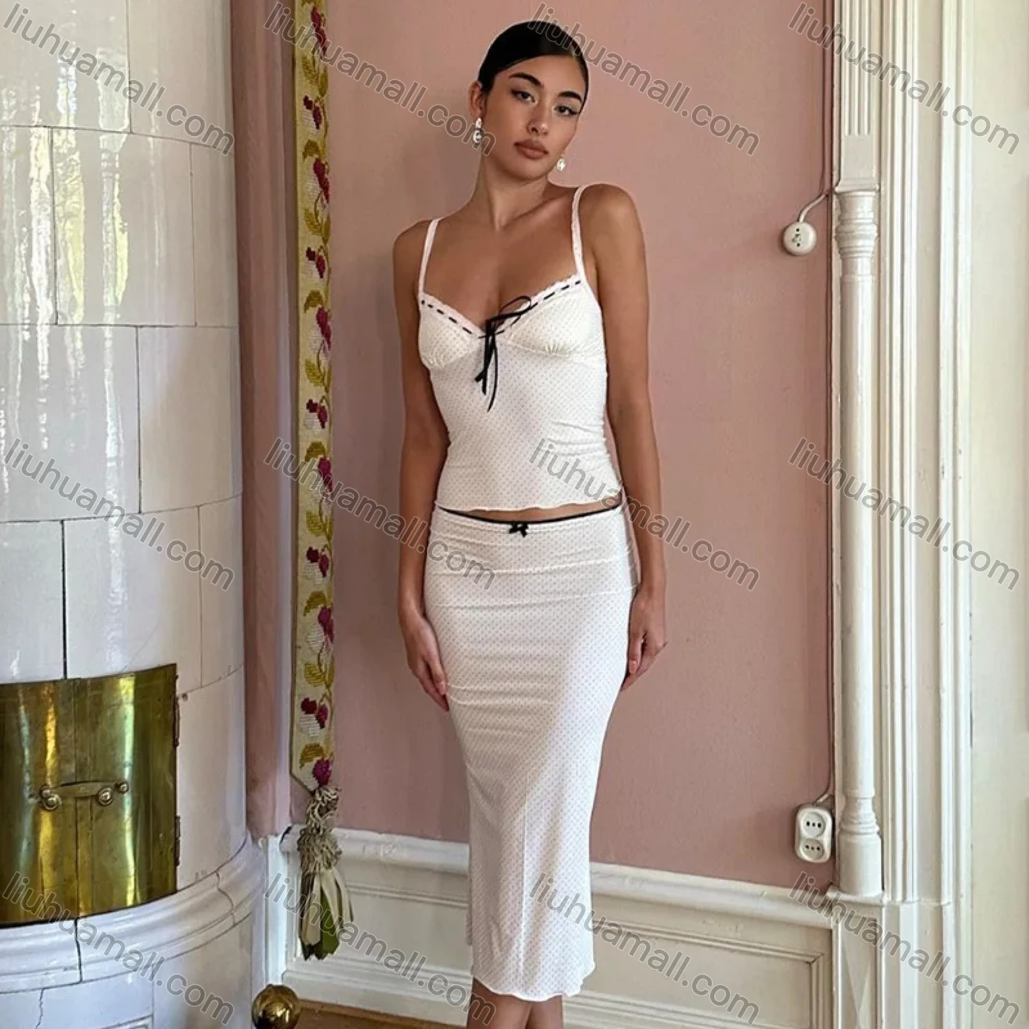 Wholesale Women's Casual Spagetti Strap Drawstring Crop Top & Bandage Knee Length Skirt Set - Liuhuamall