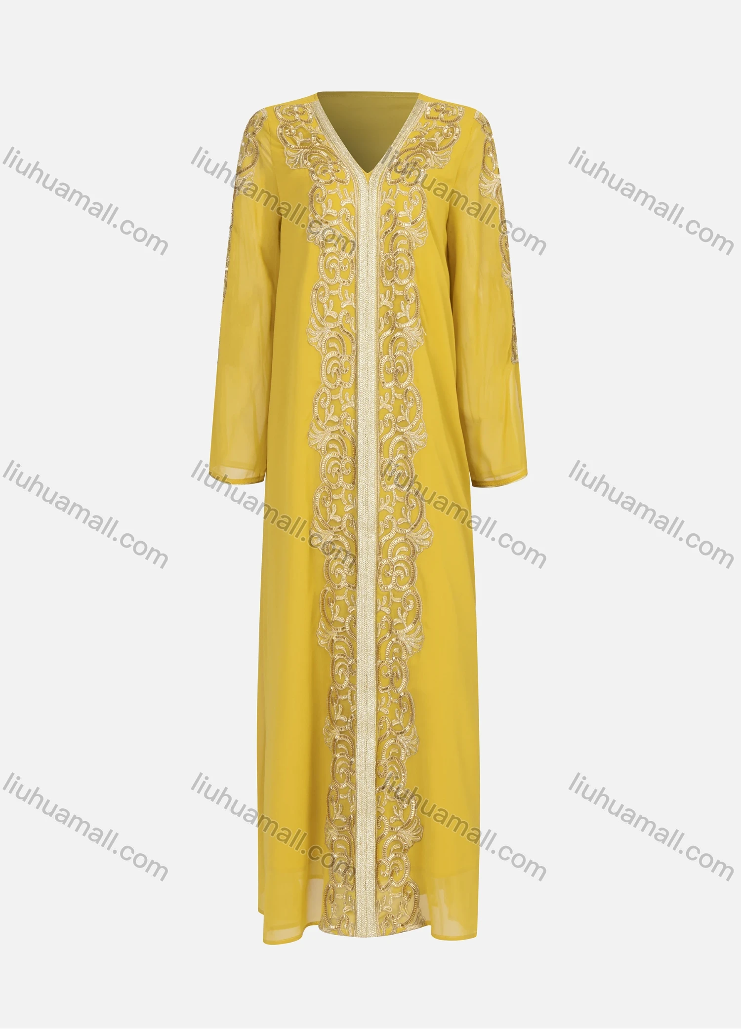 Wholesale Women's Elegant Islamic Muslim Plain Gold Thread Embroidery Splicing V Neck Long Sleeve Abaya Dress 8530# - Liuhuamall