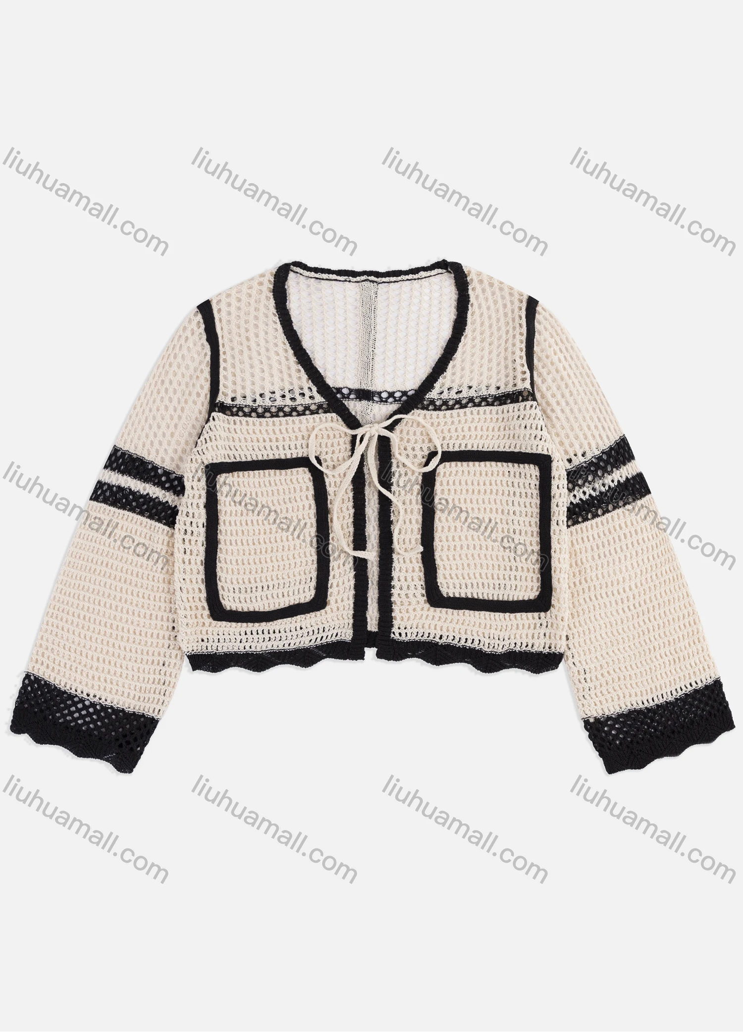 Wholesale Women's Casual Long Sleeve Splicing Hollow Out Drawstring Cover Up Cardigan A653# - Liuhuamall