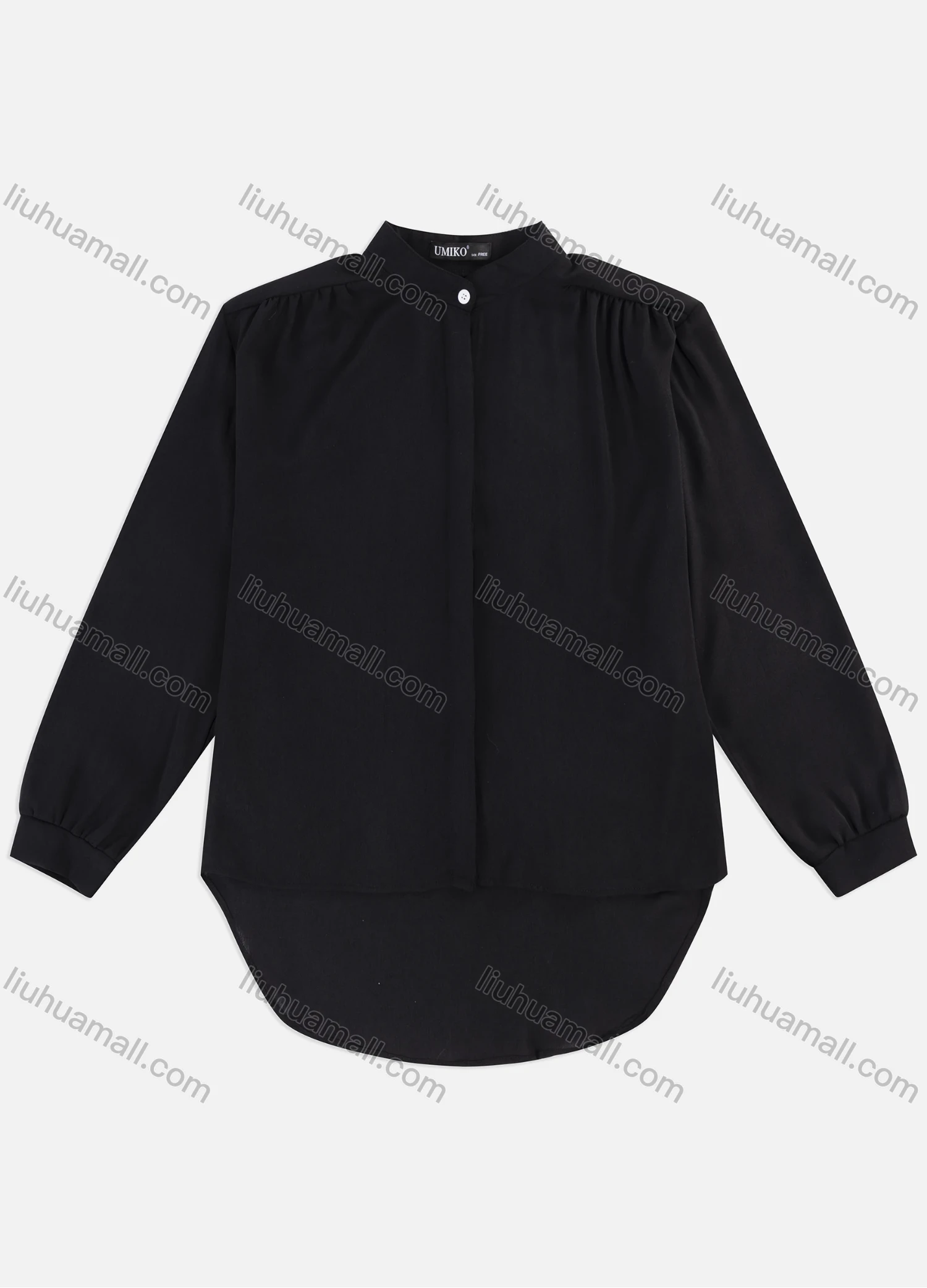 Wholesale Women's Casual Plain Long Sleeve Ruched High Low Curved Hem Shirt 1417# - Liuhuamall