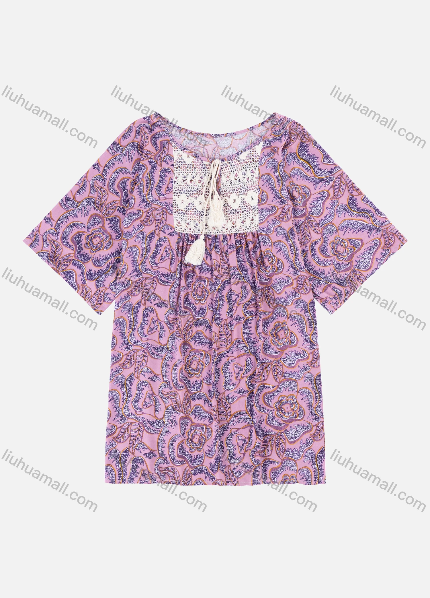 Wholesale Women's Boho Allover Print Crew Neck Ruched Tassel Crochet Blouse E3120# - Liuhuamall