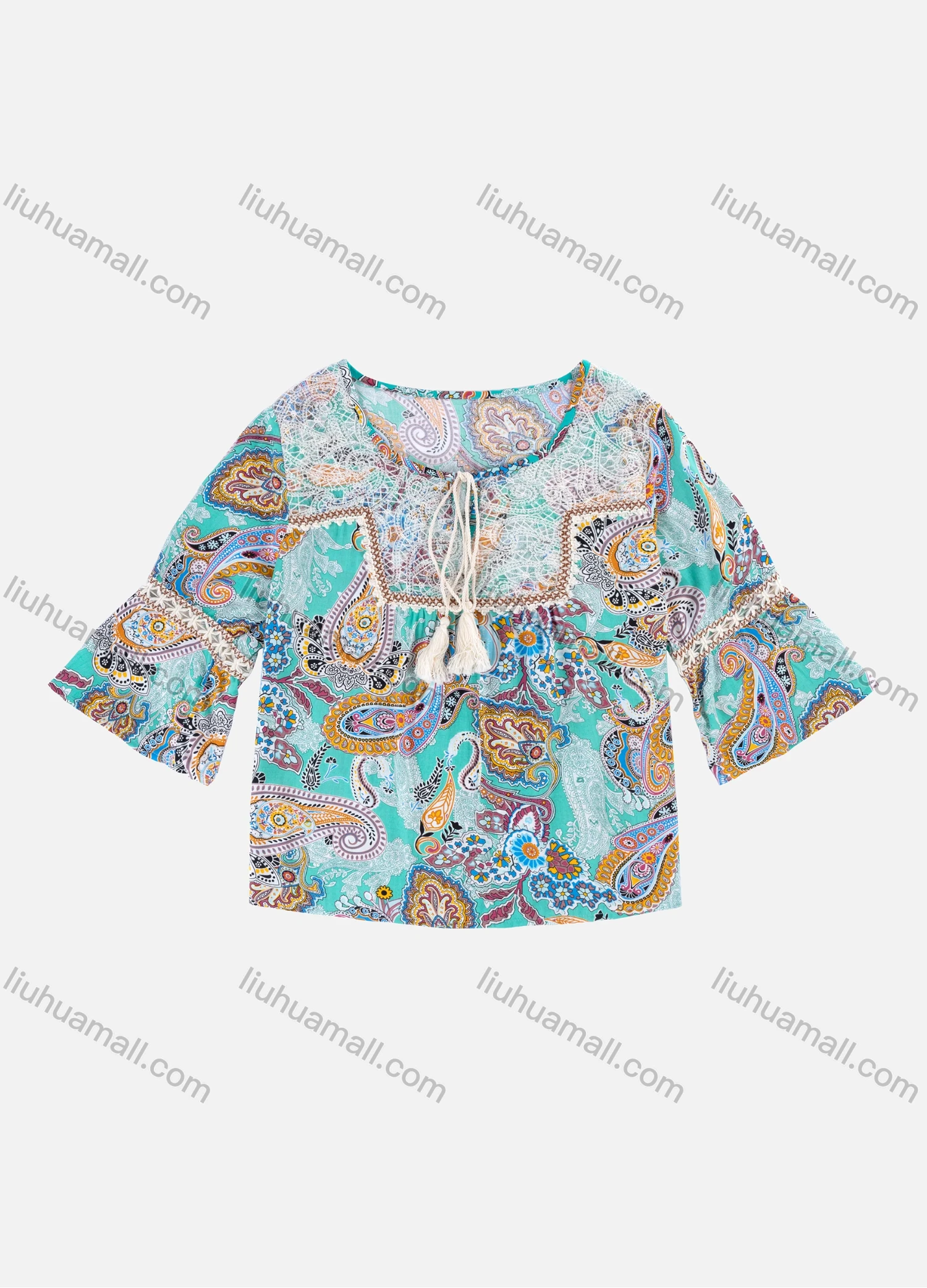 Wholesale Women's Boho Allover Paisley Print Crew Neck Tassel Splicing Ruched Blouse A1101# - Liuhuamall