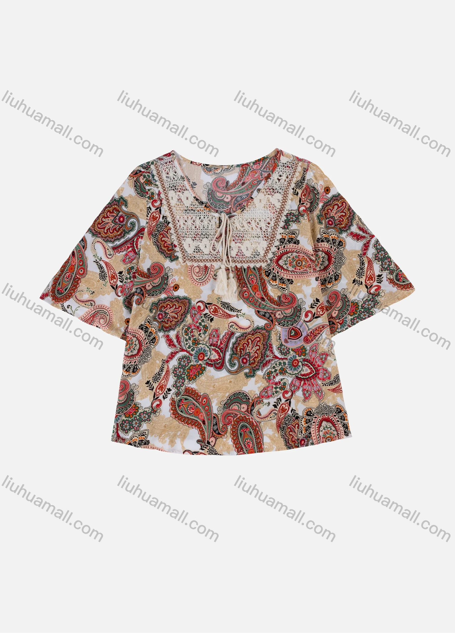 Wholesale Women's Vintage Boho Allover Paisley Print Crew Neck Half Sleeve Tassel Crochet Splicing Blouse E3298# - Liuhuamall