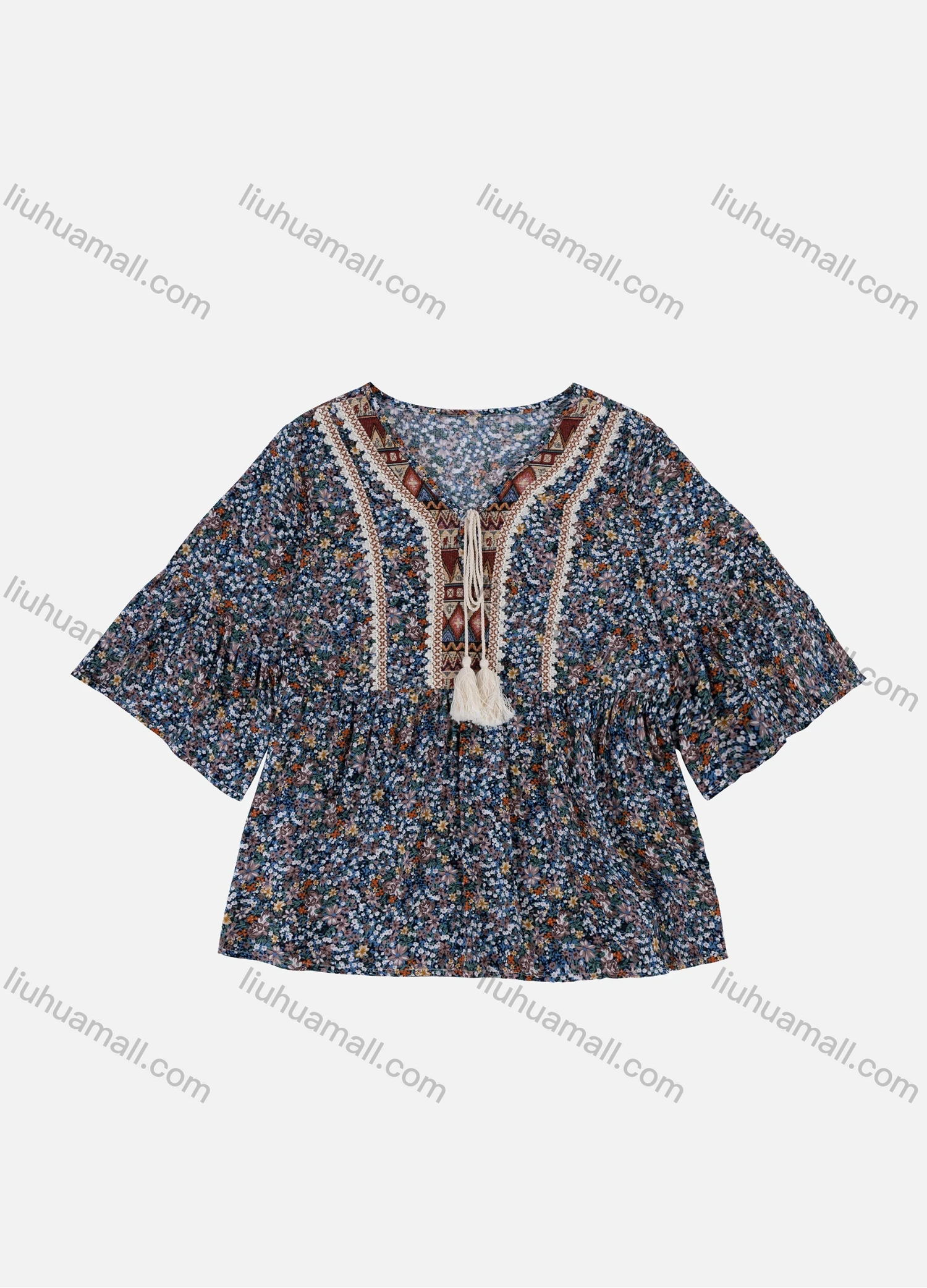 Wholesale Women's Vintage Boho Allover Ditsy Floral Print 3/4 Sleeve Tassel Ruched Splicing Blouse E3214# - Liuhuamall