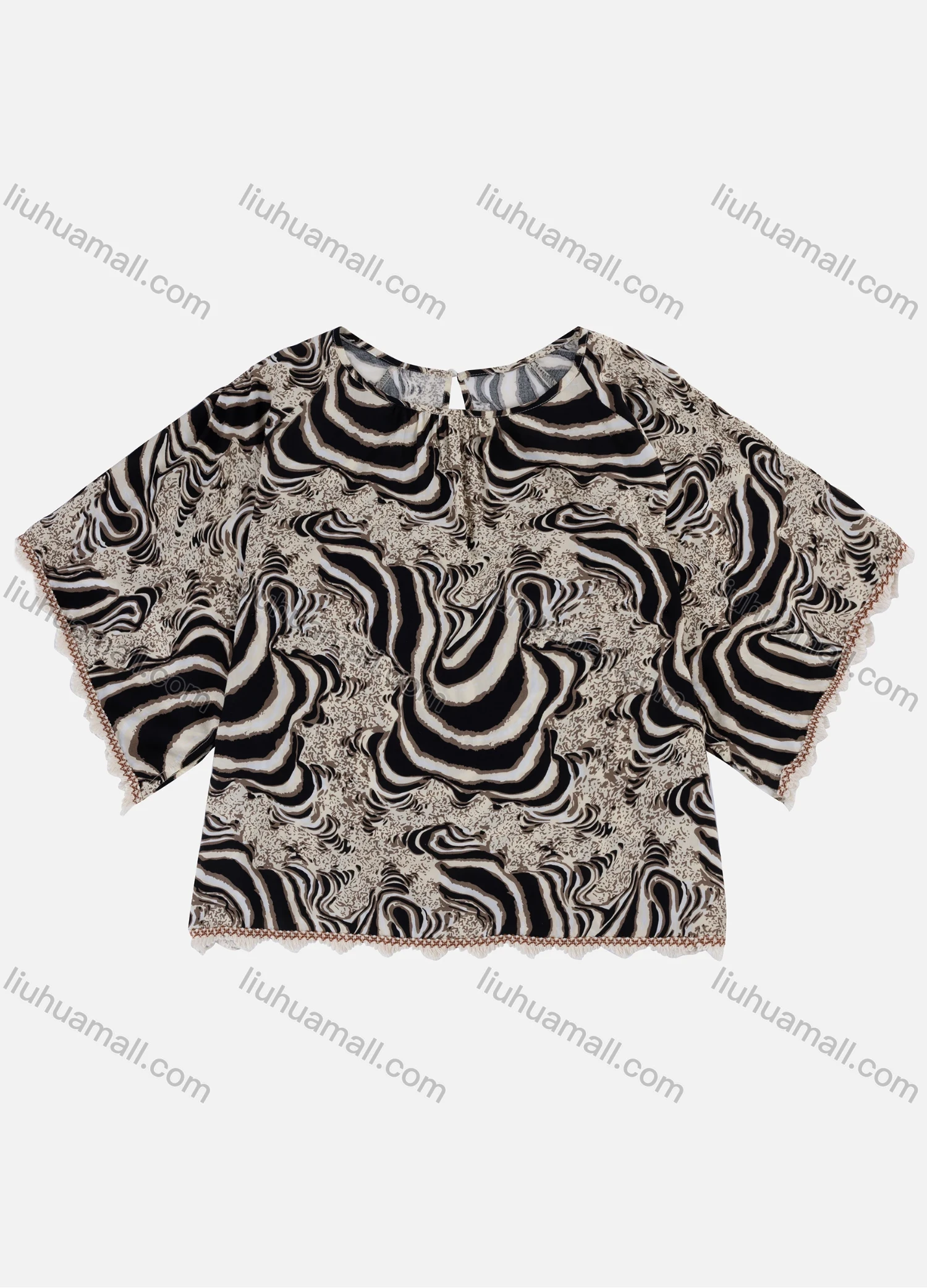 Wholesale Women's Fashion Allover Abstract Print Crew Neck Split Sleeve Ruched Blouse E3493# - Liuhuamall