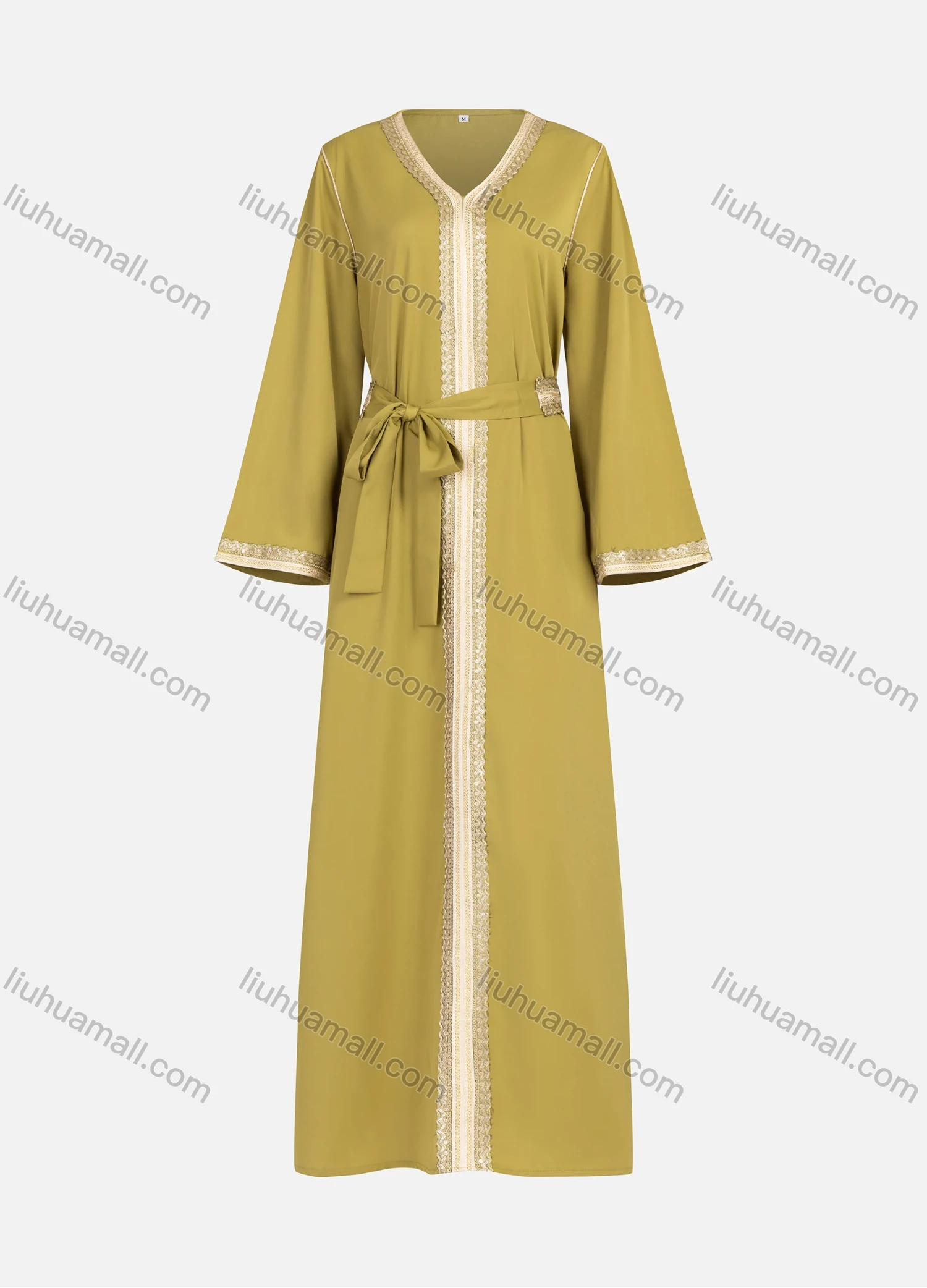 Wholesale Women's Elegant Islamic Muslim Plain V Neck Long Sleeve Gold Thread Embroidery Abaya Dress MT098# - Liuhuamall