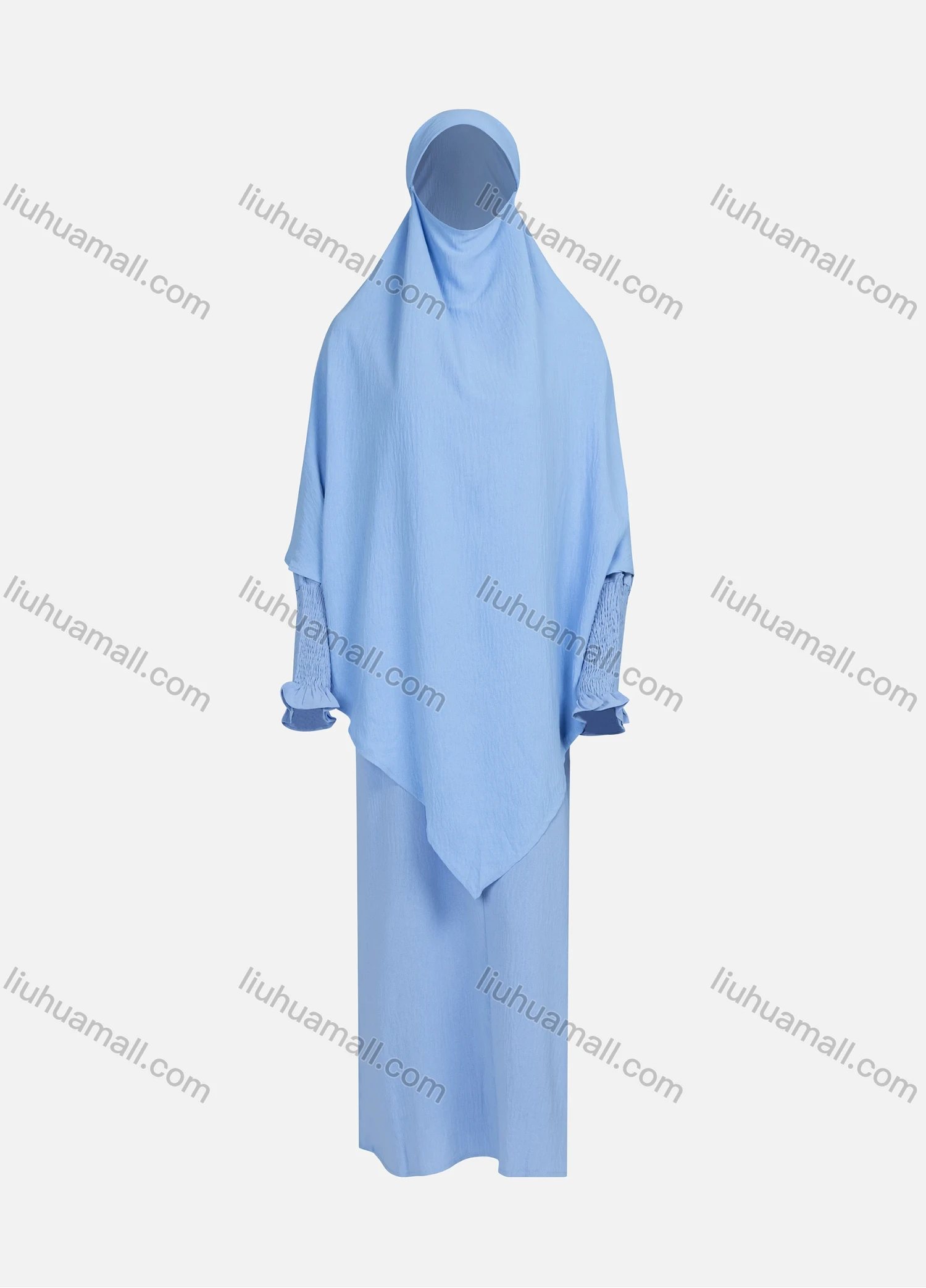 Wholesale Women's Islamic Modest Plain Shirred Ruffle Trim Maxi Abaya Dress With Bandana Hem Khimar Hijab 2 Pieces Set 03# - Liuhuamall