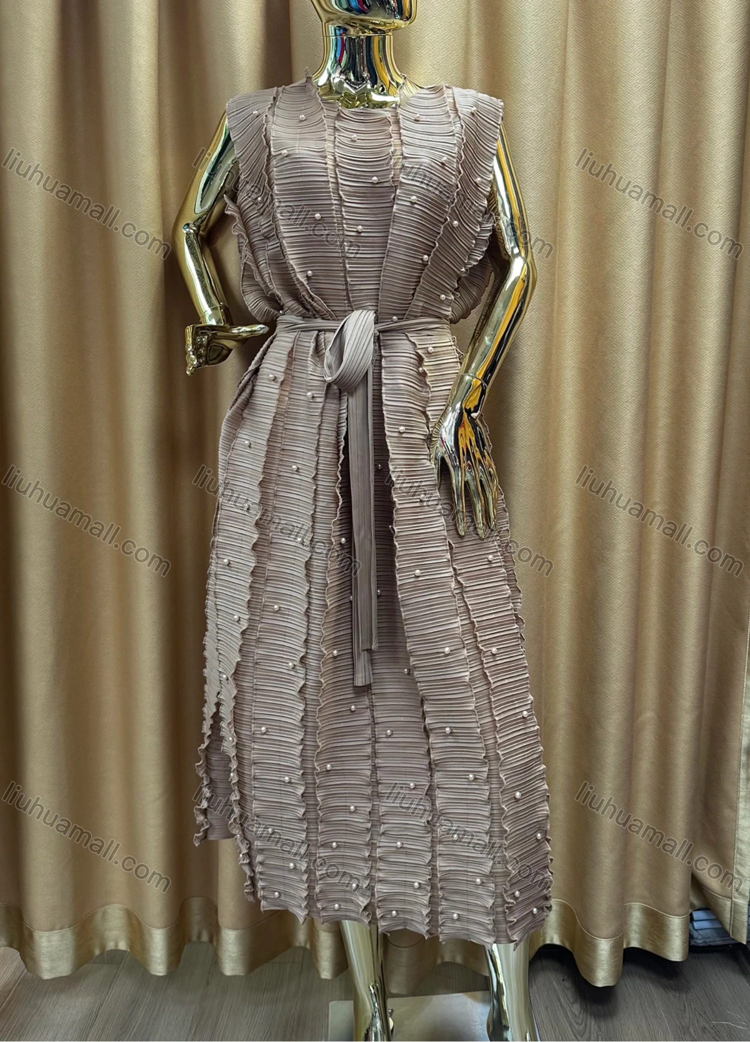 Wholesale Women's Casual Splicing Pearl Decor Belted Maxi Dress - Liuhuamall