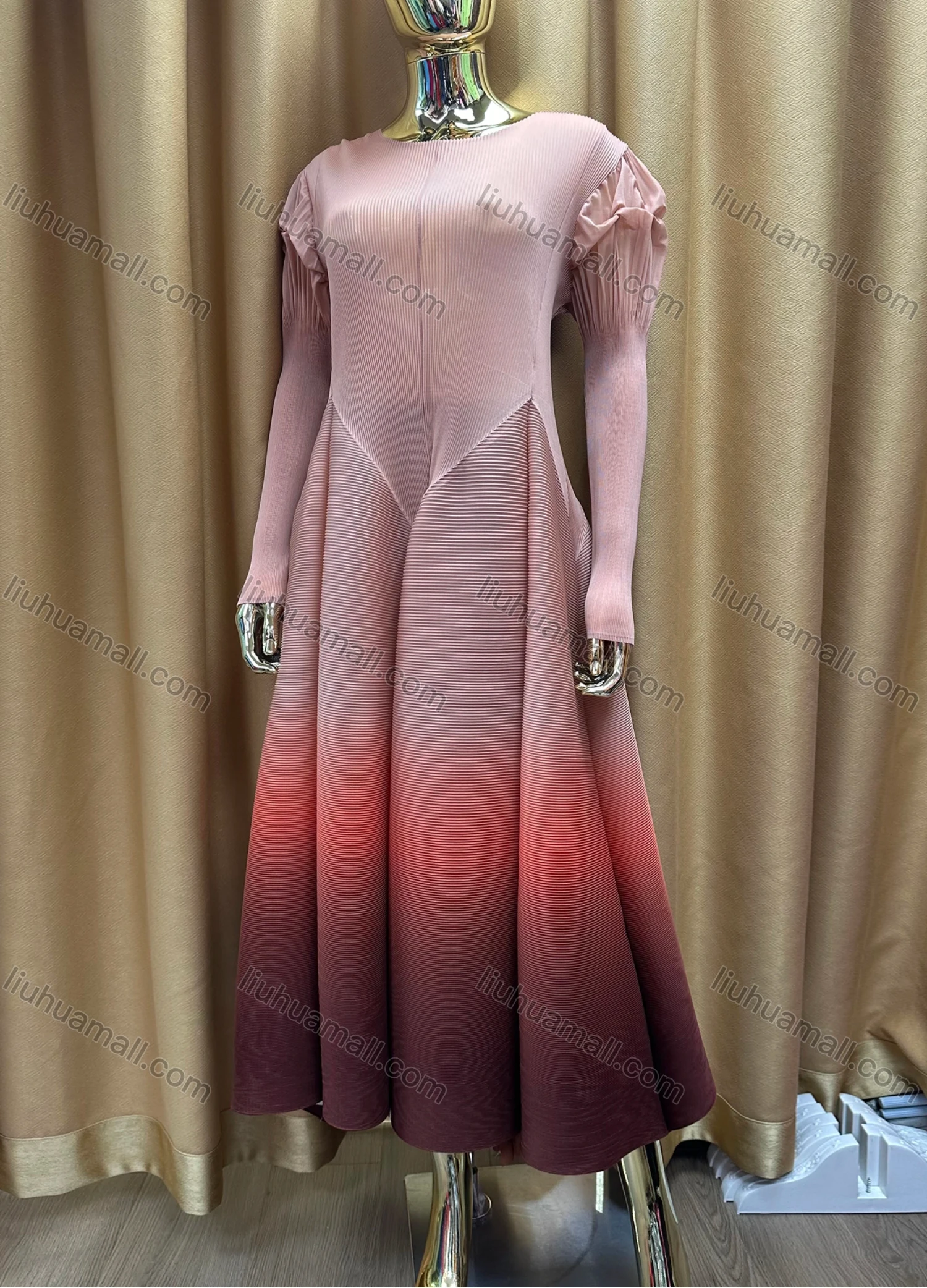 Wholesale Women's Elegant Long Sleeve Crew Neck Splicing Ombre Maxi Evening Dress - Liuhuamall