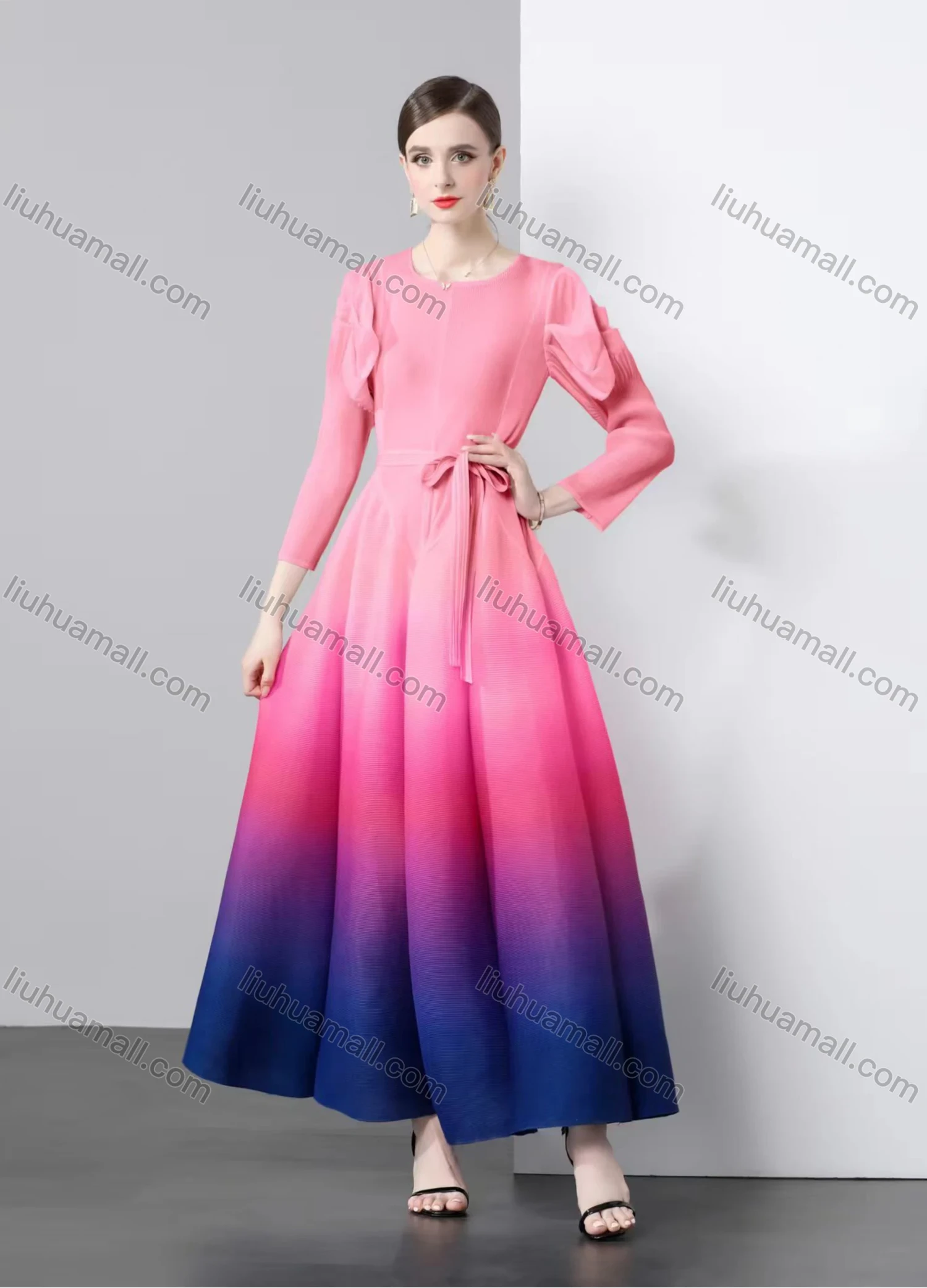 Wholesale Women's Elegant Long Sleeve Crew Neck Splicing Ombre Maxi Evening Dress - Liuhuamall