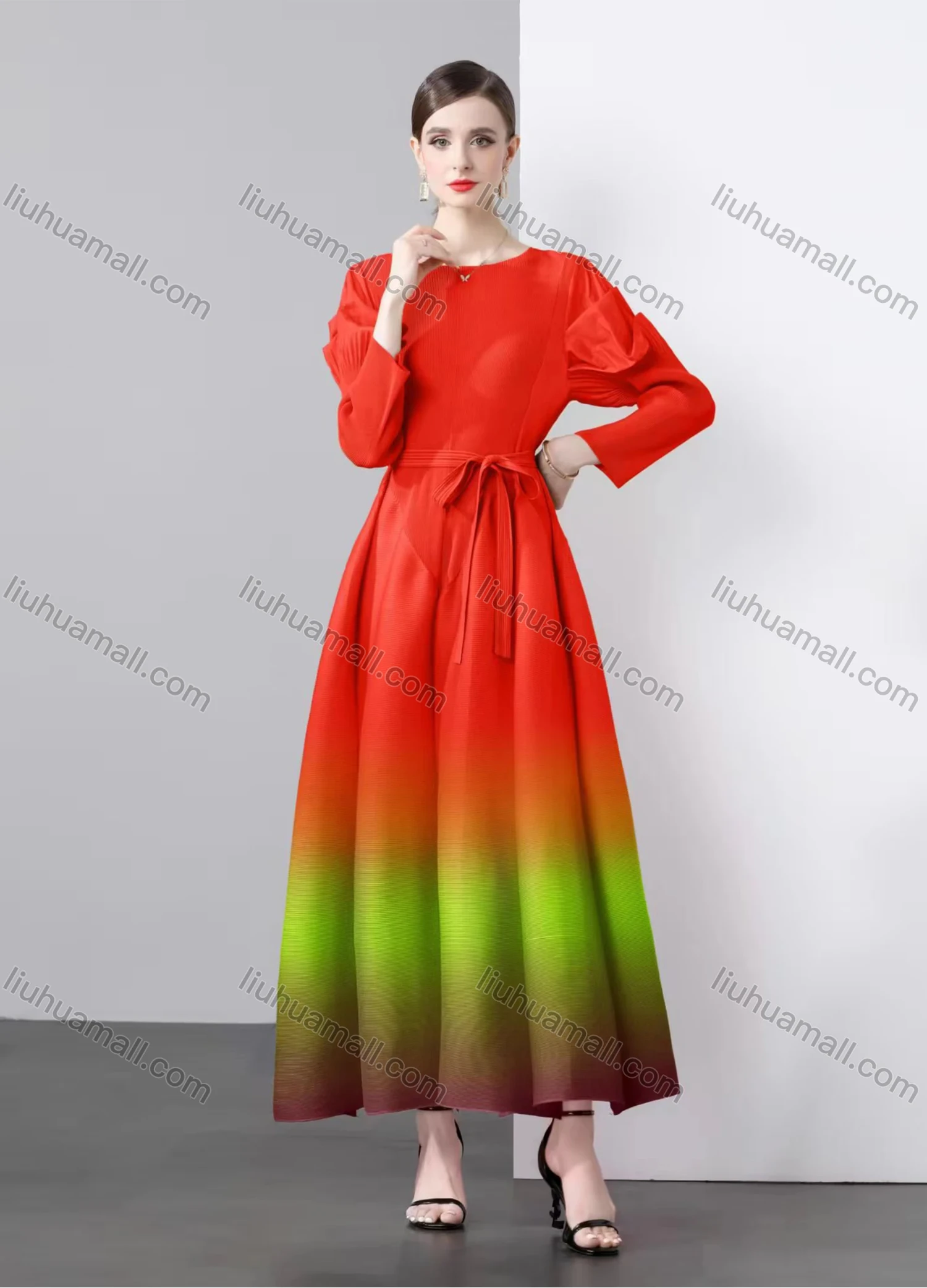 Wholesale Women's Elegant Long Sleeve Crew Neck Splicing Ombre Maxi Evening Dress - Liuhuamall