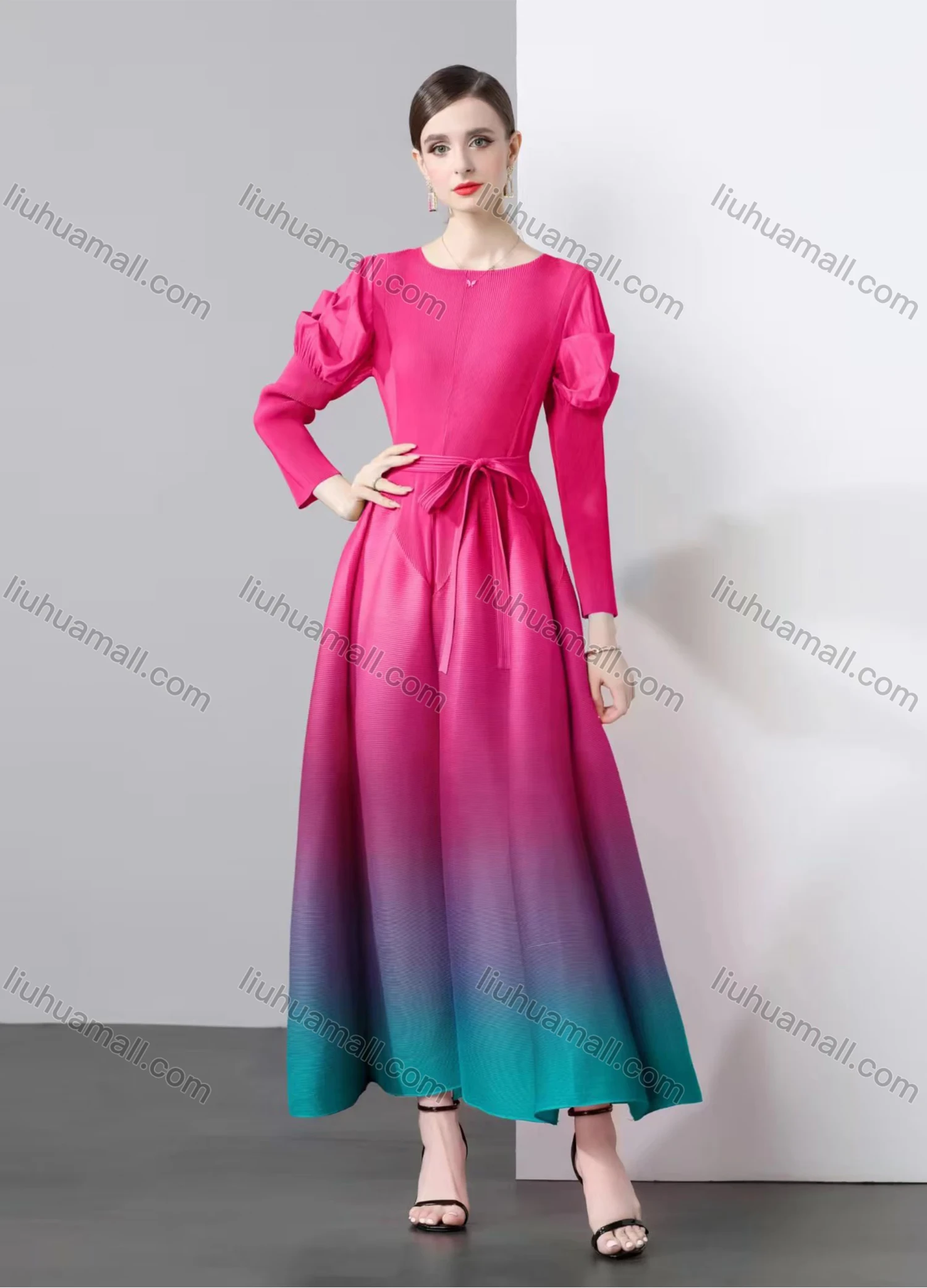 Wholesale Women's Elegant Long Sleeve Crew Neck Splicing Ombre Maxi Evening Dress - Liuhuamall
