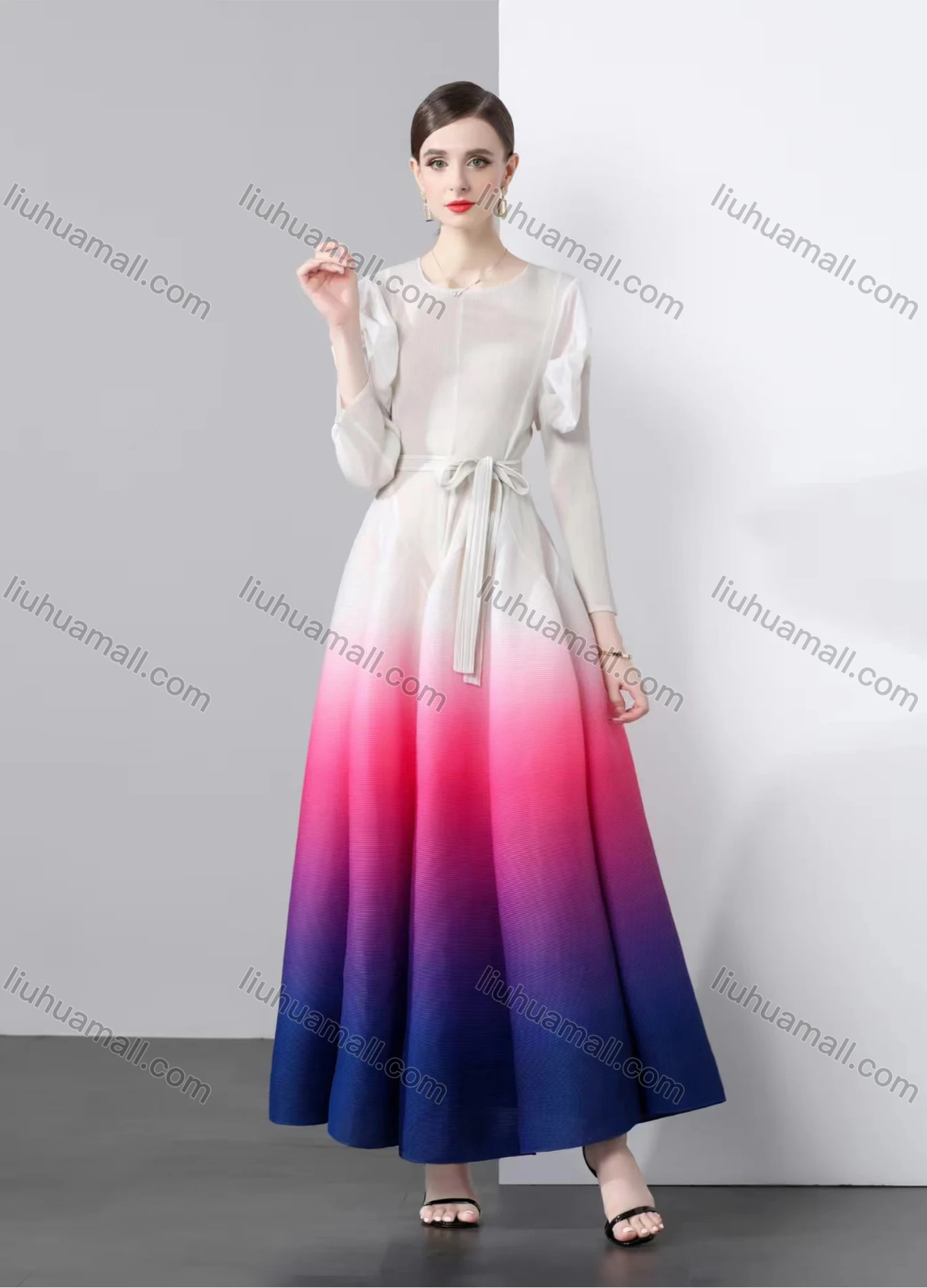 Wholesale Women's Elegant Long Sleeve Crew Neck Splicing Ombre Maxi Evening Dress - Liuhuamall
