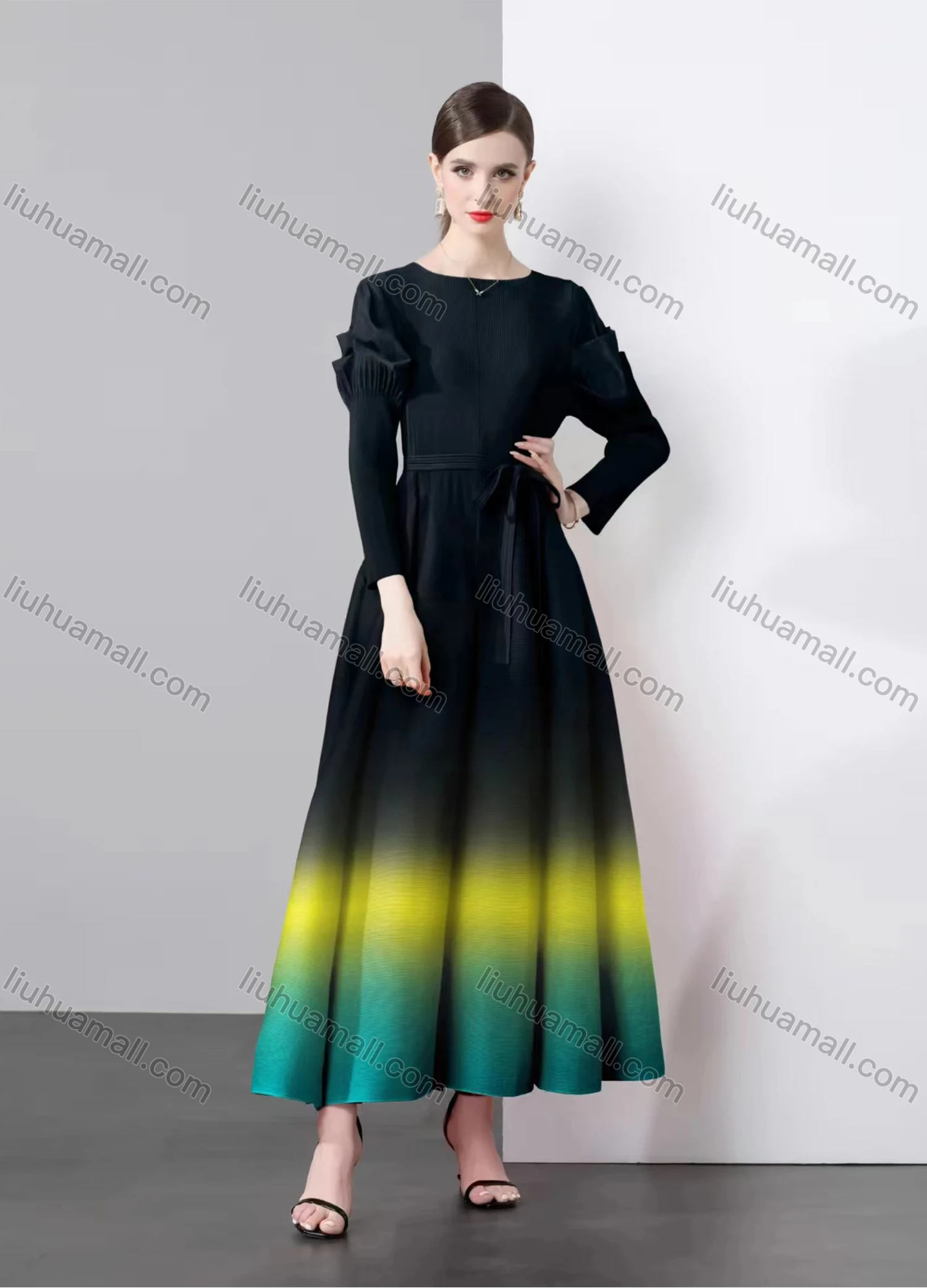 Wholesale Women's Elegant Long Sleeve Crew Neck Splicing Ombre Maxi Evening Dress - Liuhuamall