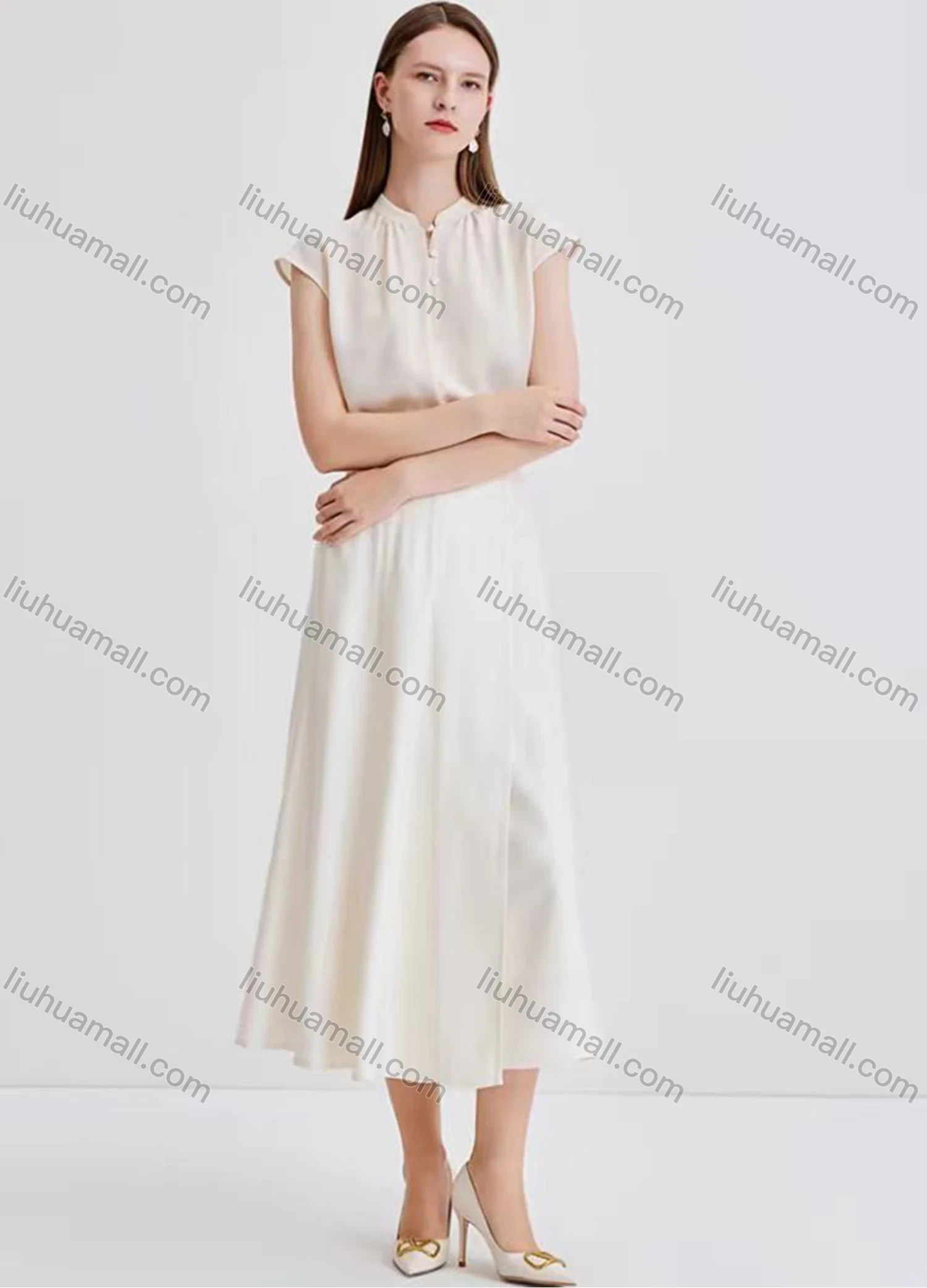 Wholesale Women's Elegant Plain Cap Sleeve Mock Neck Ruched Button Front Blouse - Liuhuamall