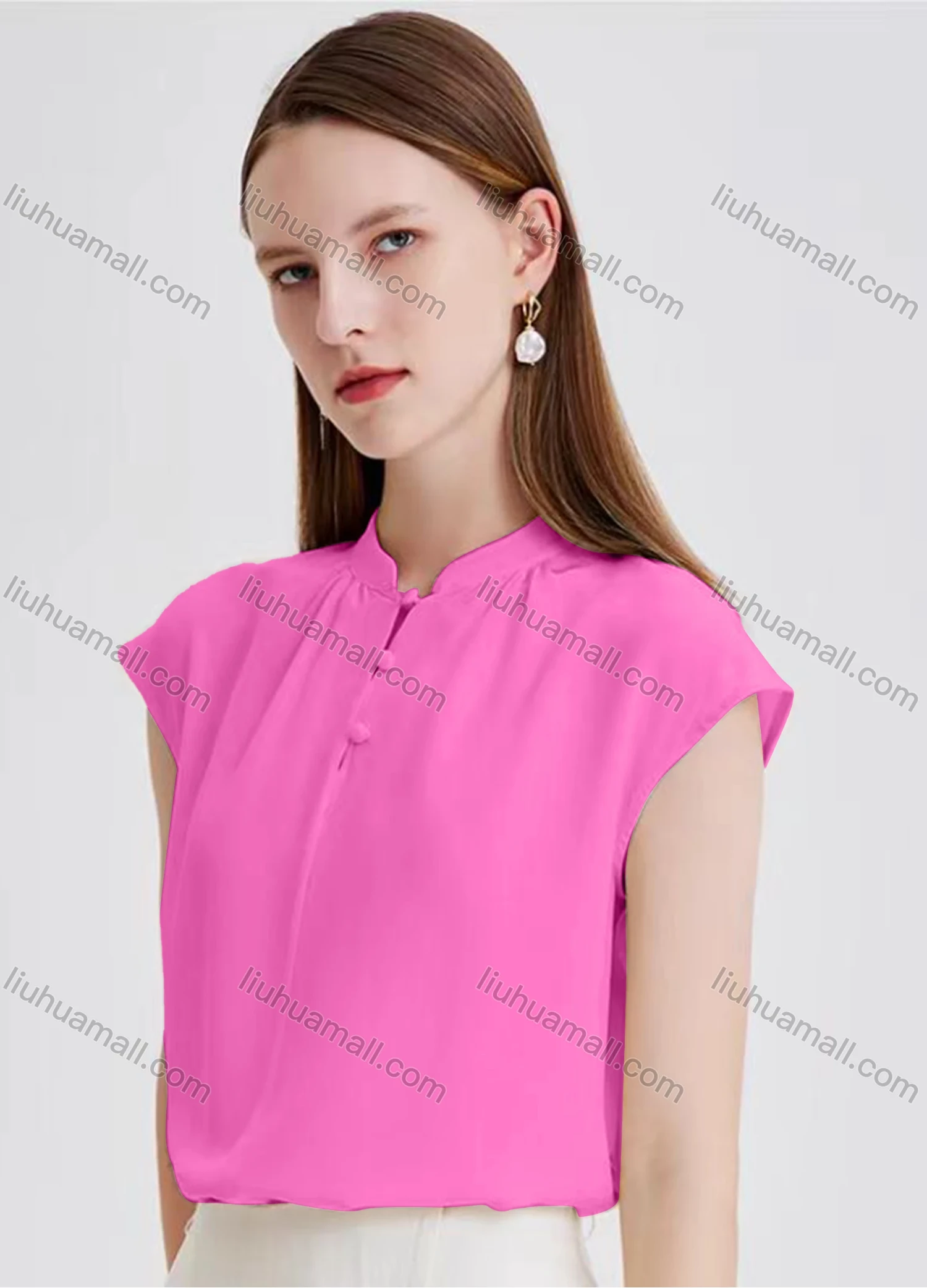 Wholesale Women's Elegant Plain Cap Sleeve Mock Neck Ruched Button Front Blouse - Liuhuamall