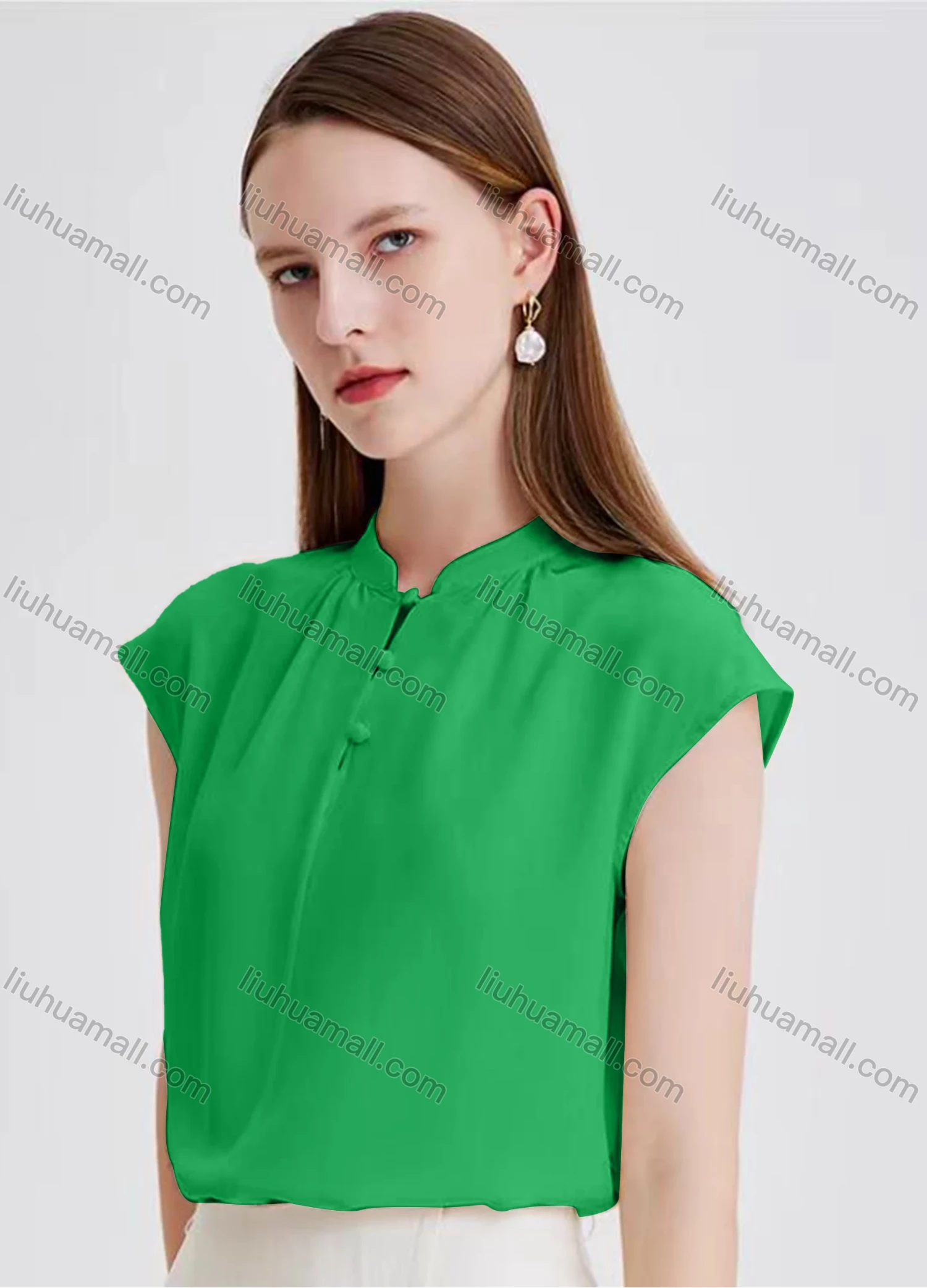 Wholesale Women's Elegant Plain Cap Sleeve Mock Neck Ruched Button Front Blouse - Liuhuamall