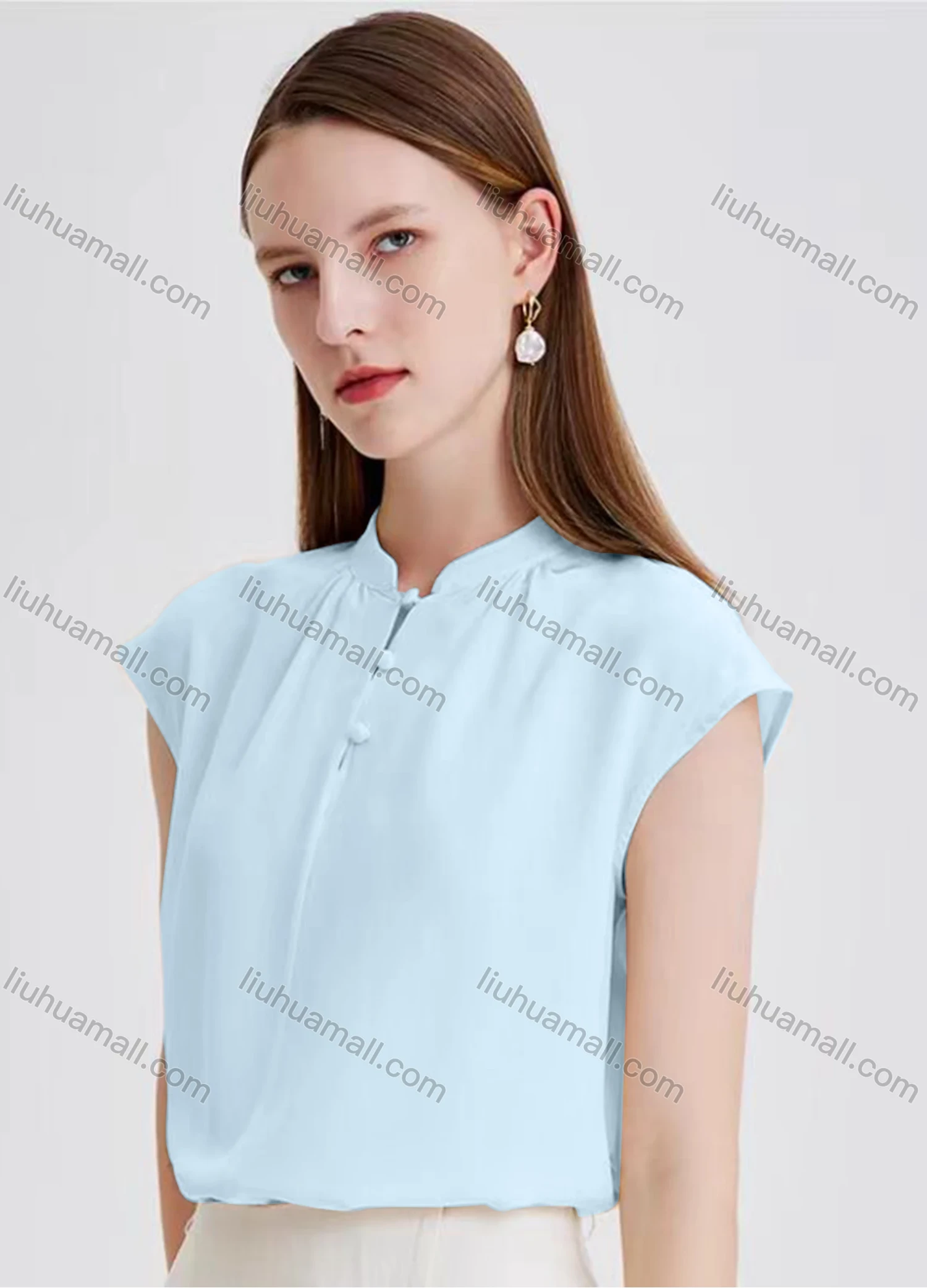 Wholesale Women's Elegant Plain Cap Sleeve Mock Neck Ruched Button Front Blouse - Liuhuamall