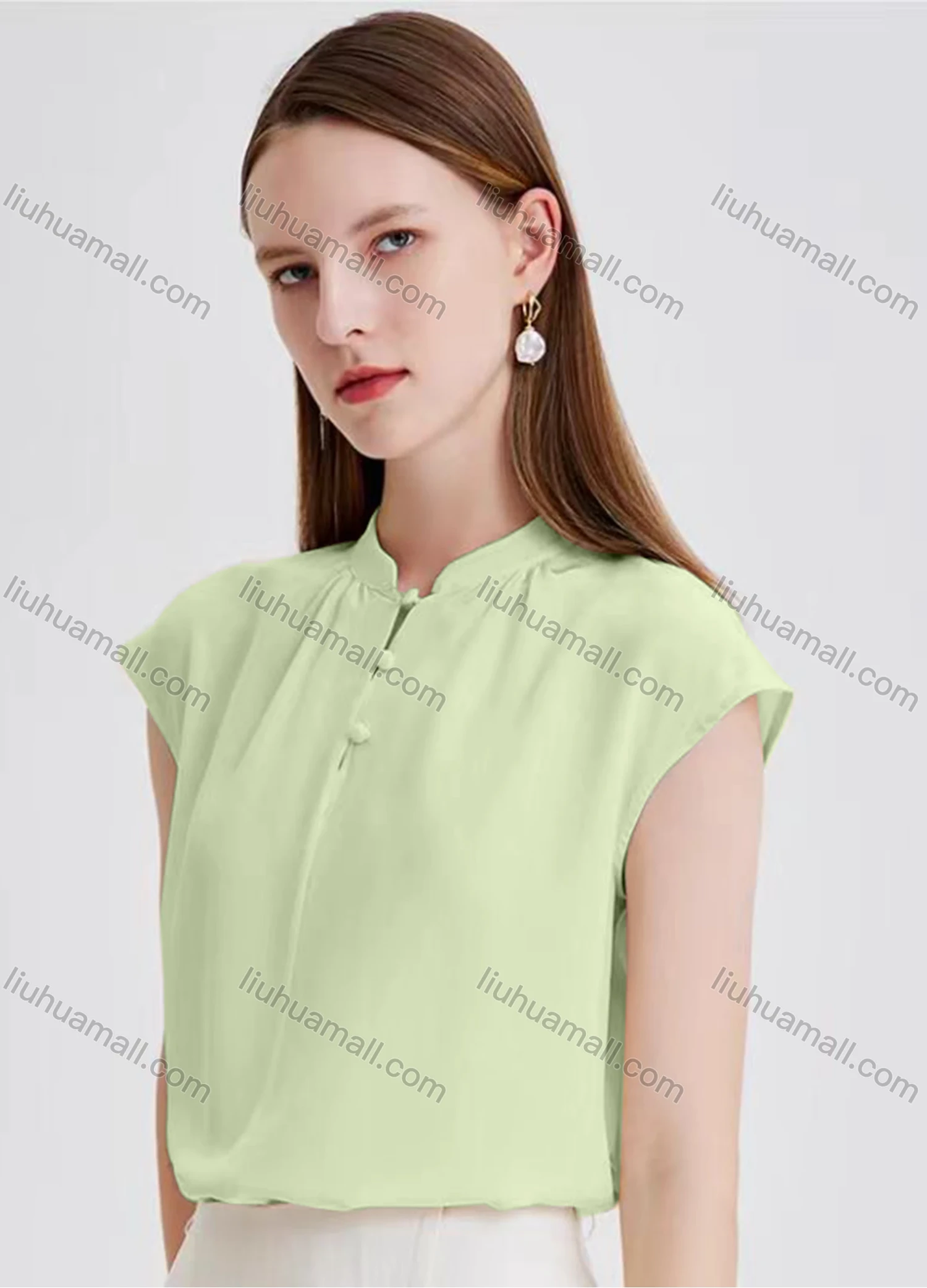 Wholesale Women's Elegant Plain Cap Sleeve Mock Neck Ruched Button Front Blouse - Liuhuamall