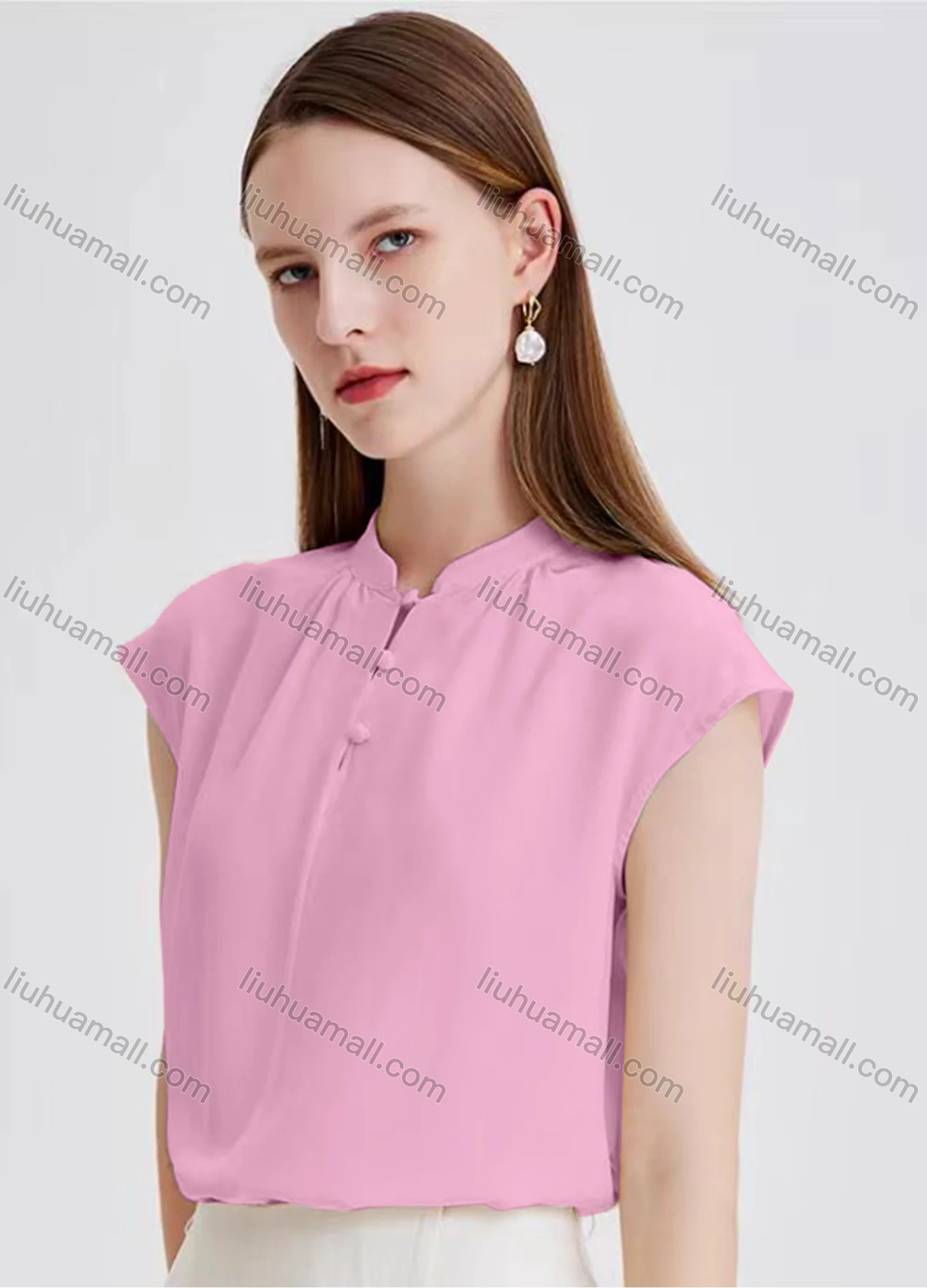 Wholesale Women's Elegant Plain Cap Sleeve Mock Neck Ruched Button Front Blouse - Liuhuamall