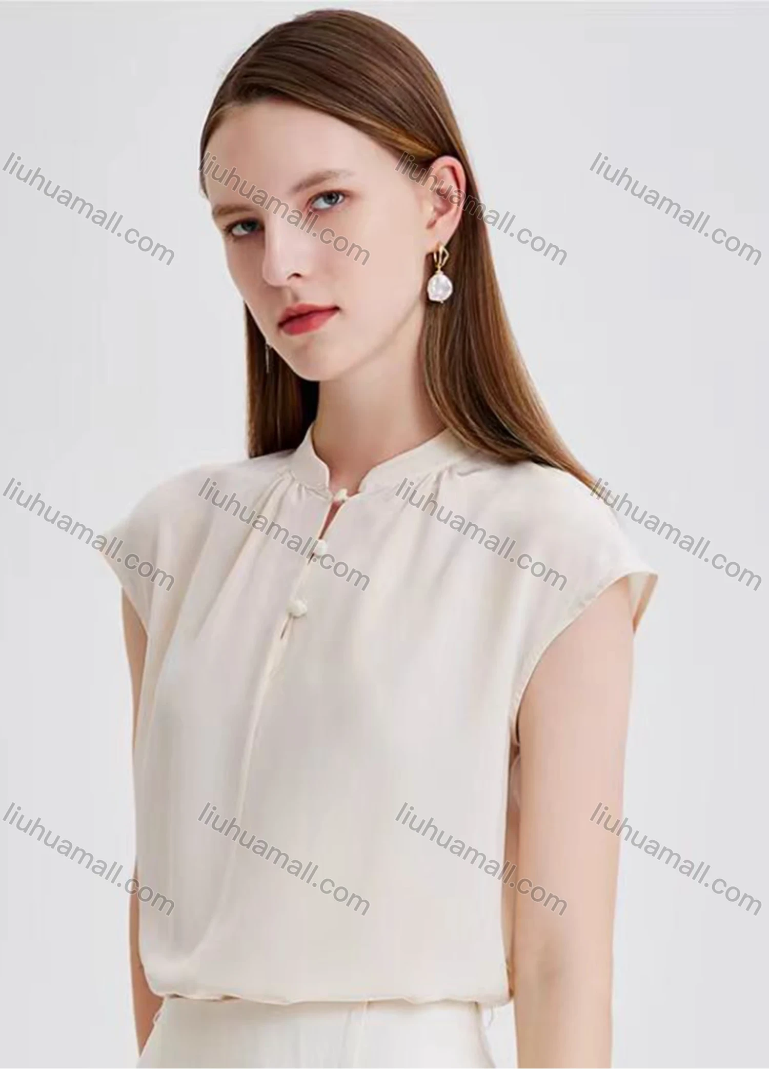 Wholesale Women's Elegant Plain Cap Sleeve Mock Neck Ruched Button Front Blouse - Liuhuamall