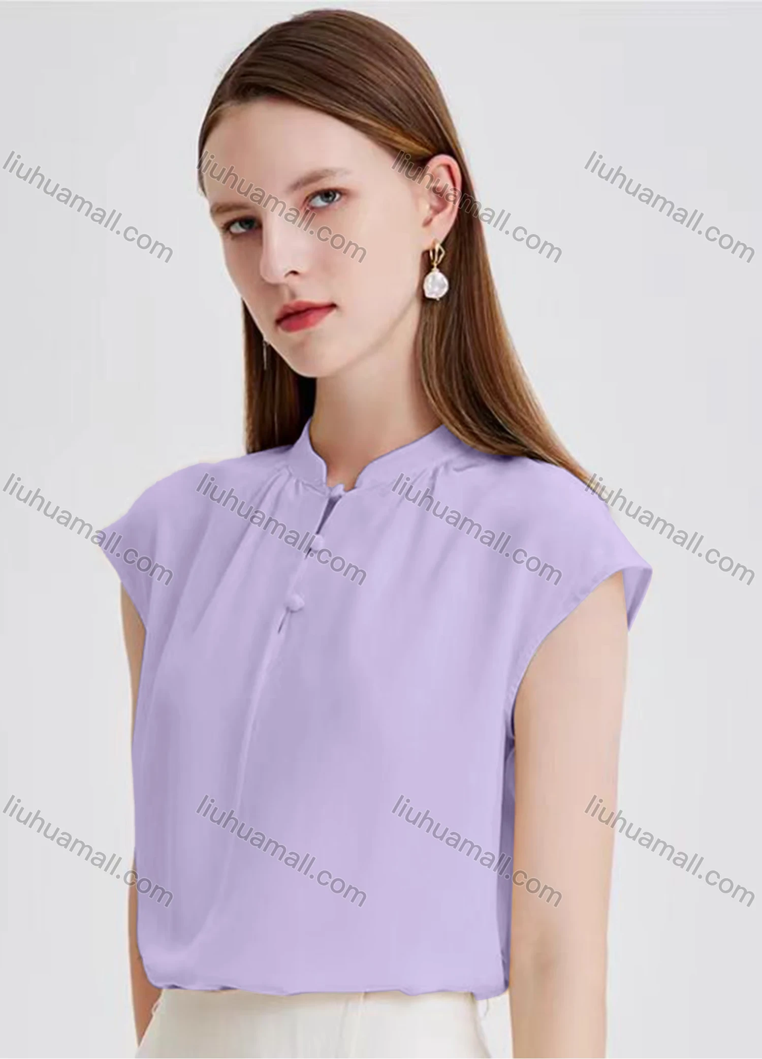 Wholesale Women's Elegant Plain Cap Sleeve Mock Neck Ruched Button Front Blouse - Liuhuamall