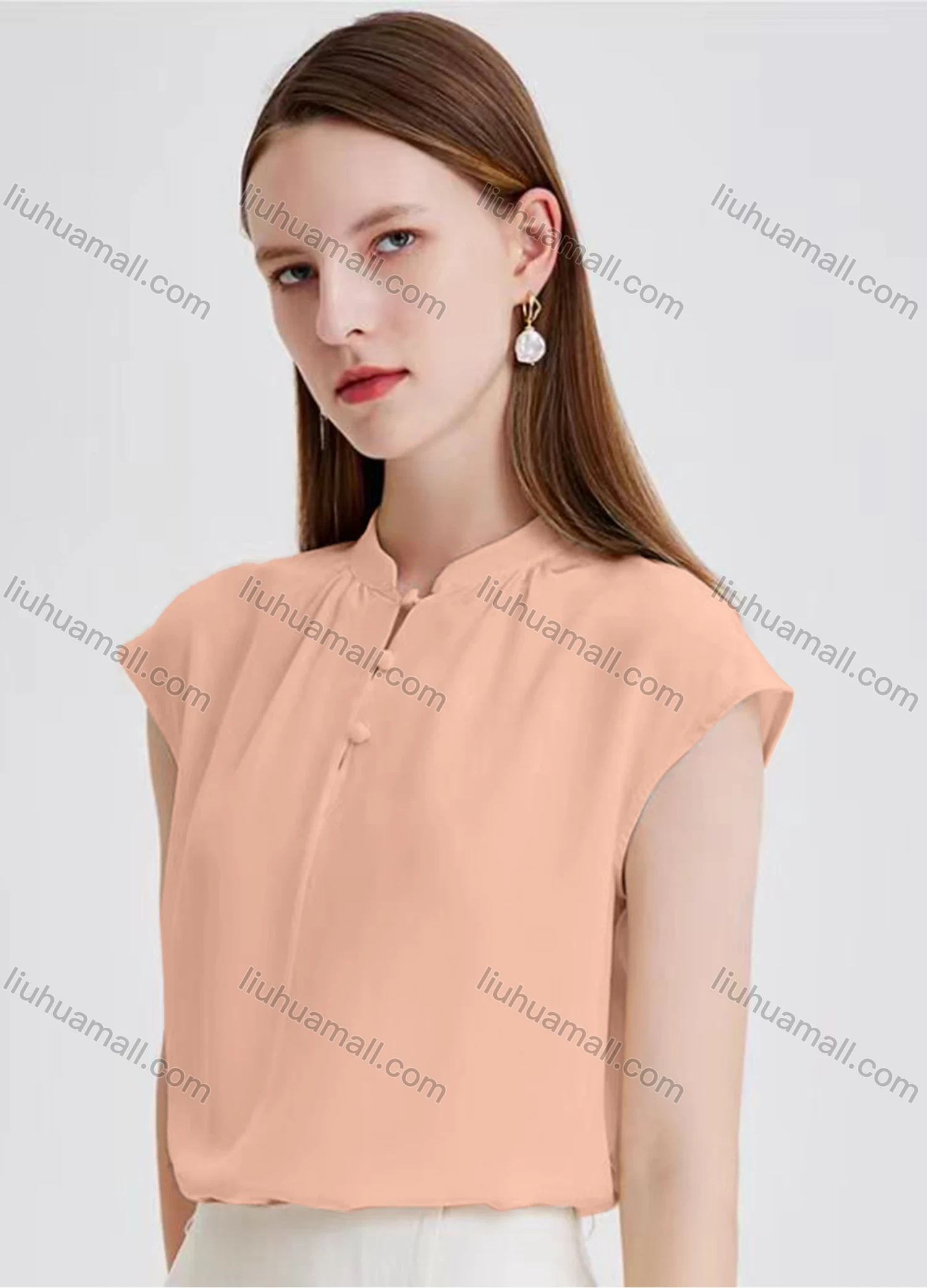 Wholesale Women's Elegant Plain Cap Sleeve Mock Neck Ruched Button Front Blouse - Liuhuamall
