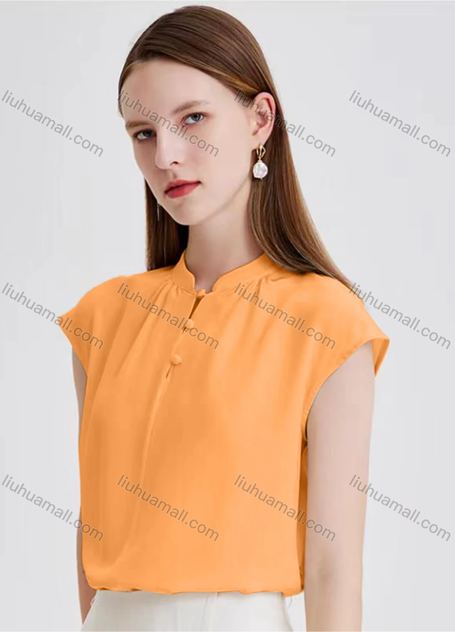 Wholesale Women's Elegant Plain Cap Sleeve Mock Neck Ruched Button Front Blouse - Liuhuamall