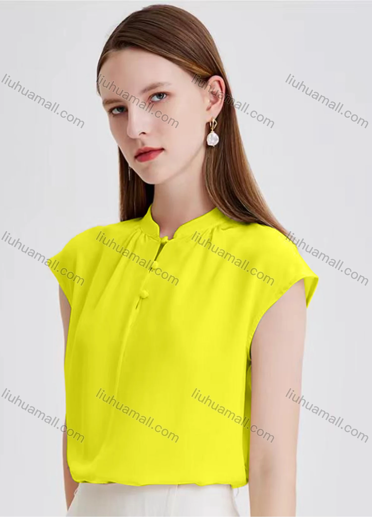 Wholesale Women's Elegant Plain Cap Sleeve Mock Neck Ruched Button Front Blouse - Liuhuamall