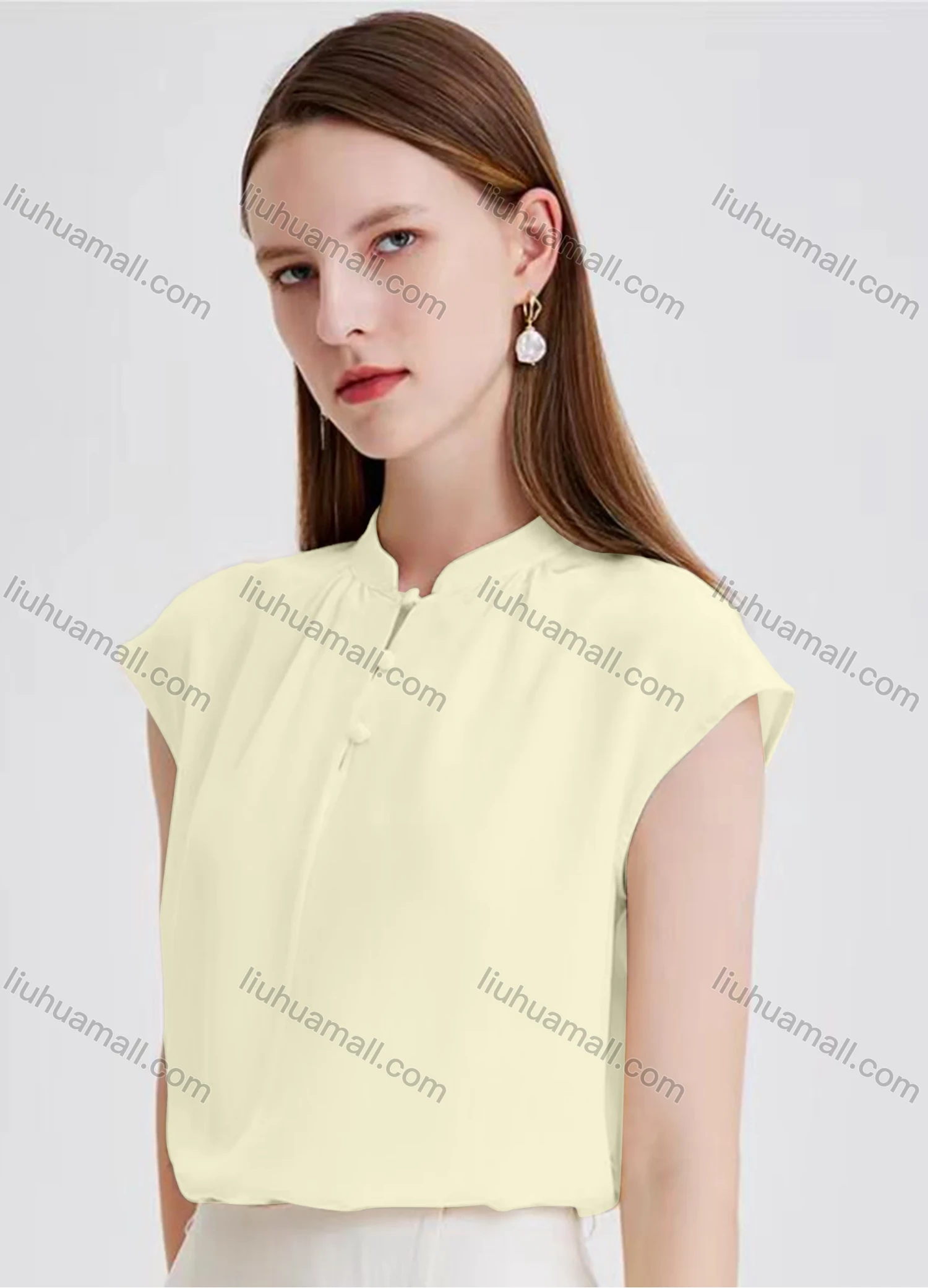 Wholesale Women's Elegant Plain Cap Sleeve Mock Neck Ruched Button Front Blouse - Liuhuamall