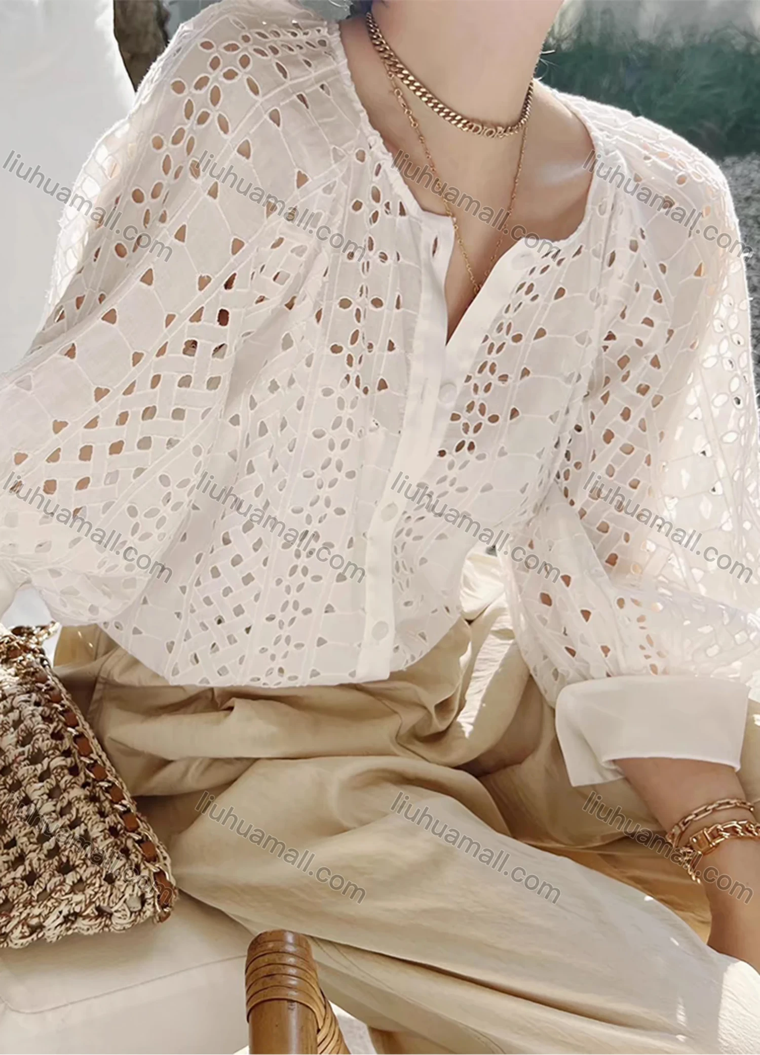 Wholesale Women's Casual Plain 3/4 Sleeve Crew Neck Hollow Out Button Down Blouse - Liuhuamall