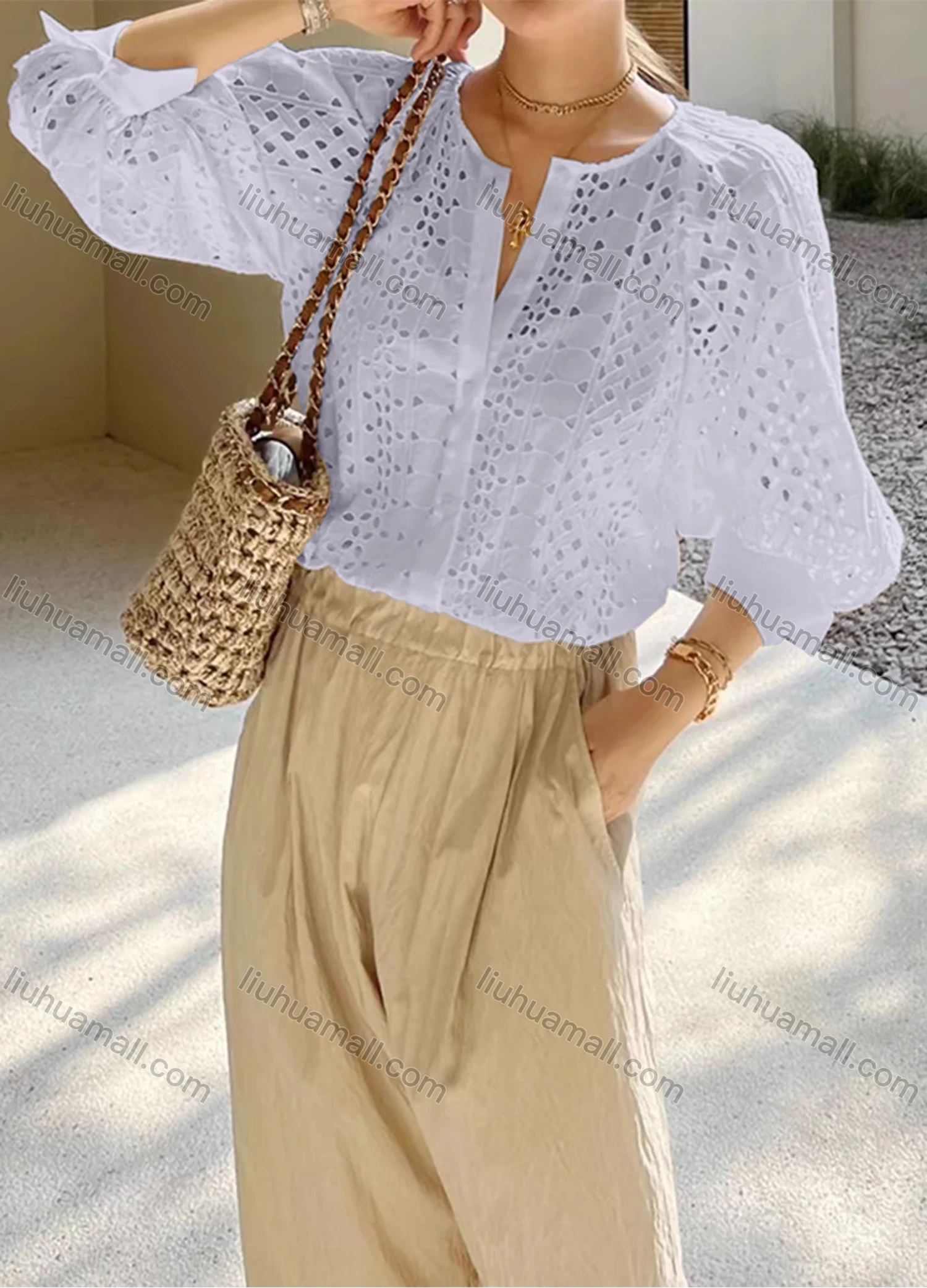 Wholesale Women's Casual Plain 3/4 Sleeve Crew Neck Hollow Out Button Down Blouse - Liuhuamall