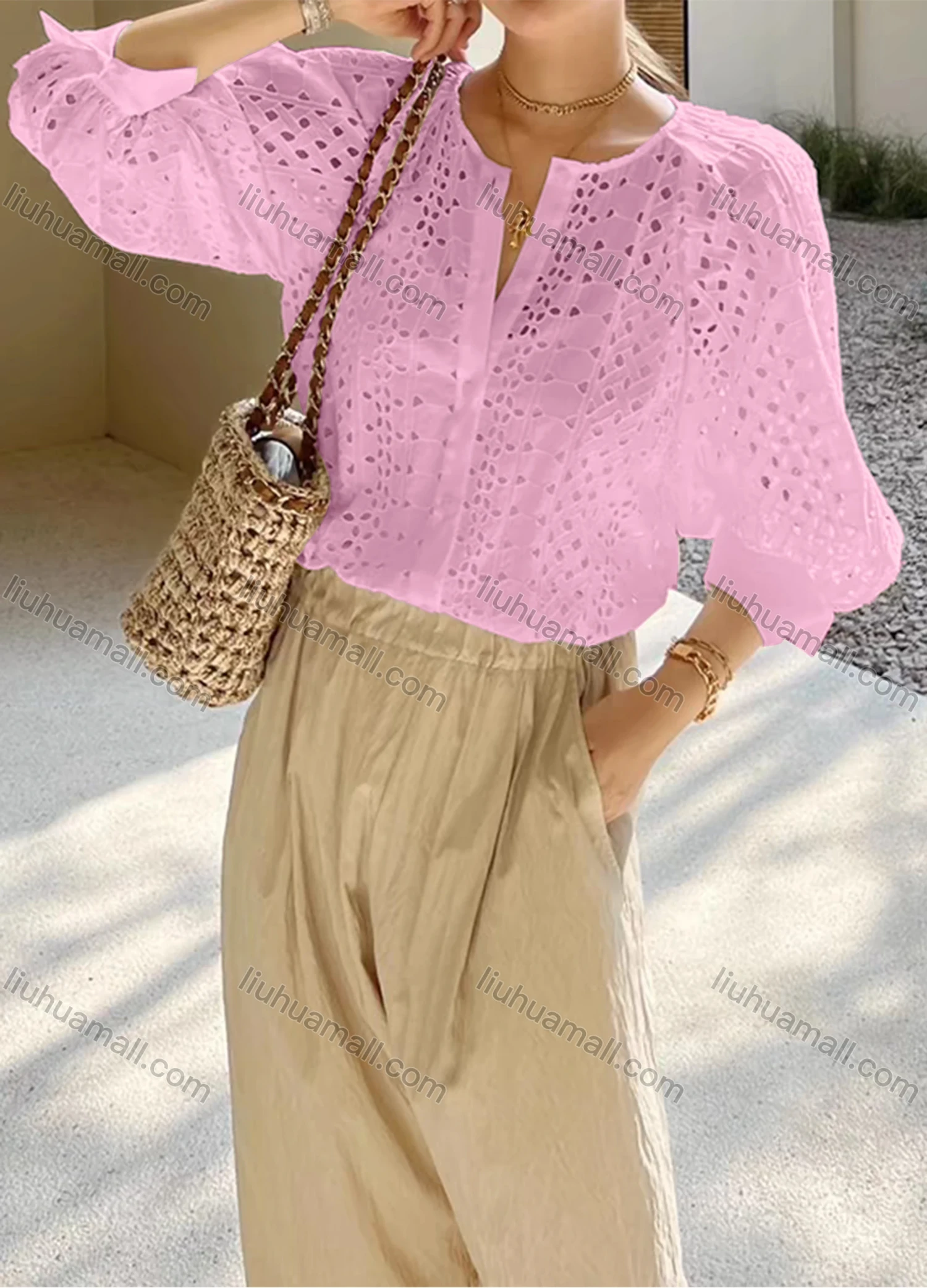 Wholesale Women's Casual Plain 3/4 Sleeve Crew Neck Hollow Out Button Down Blouse - Liuhuamall