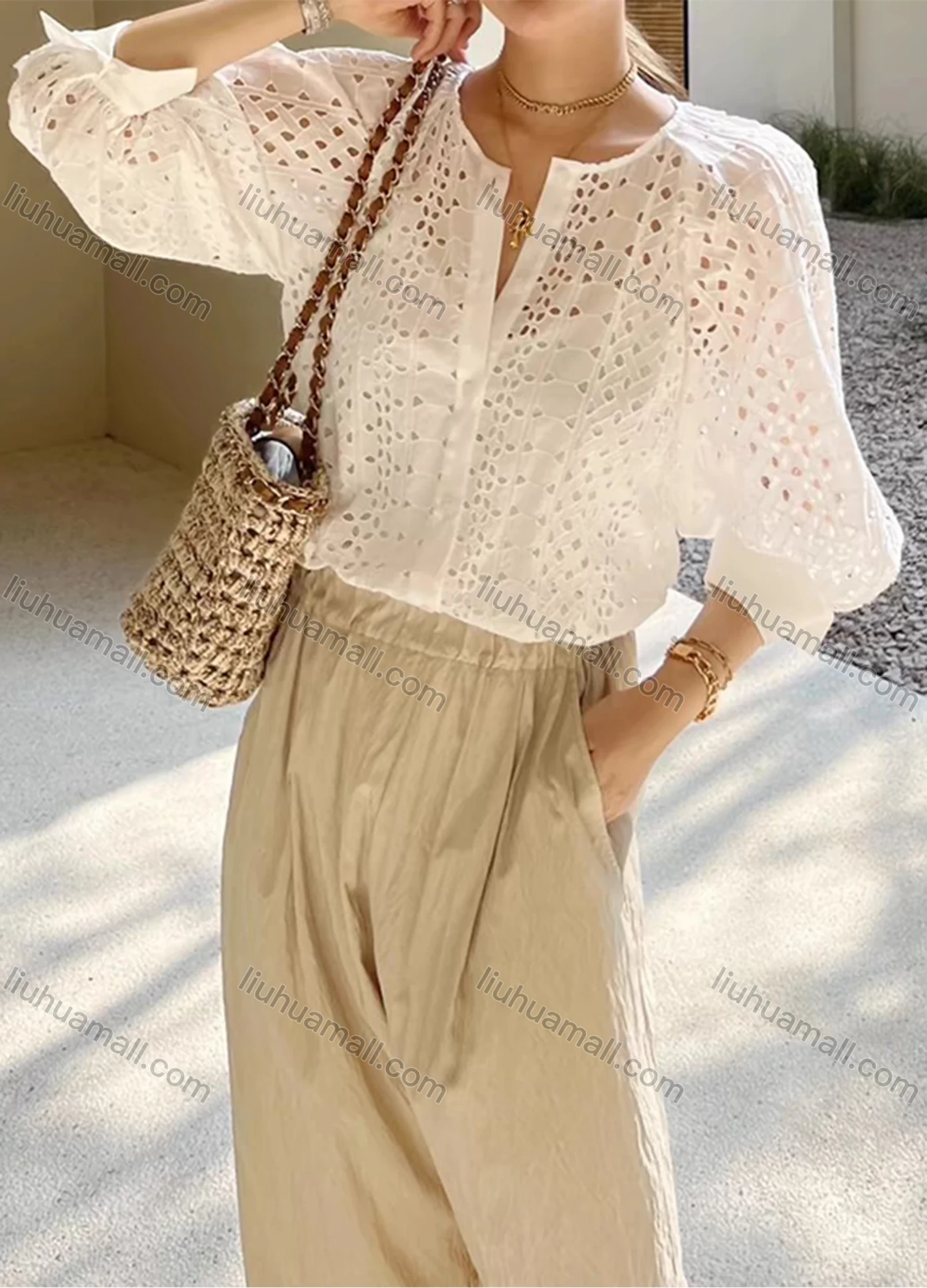 Wholesale Women's Casual Plain 3/4 Sleeve Crew Neck Hollow Out Button Down Blouse - Liuhuamall