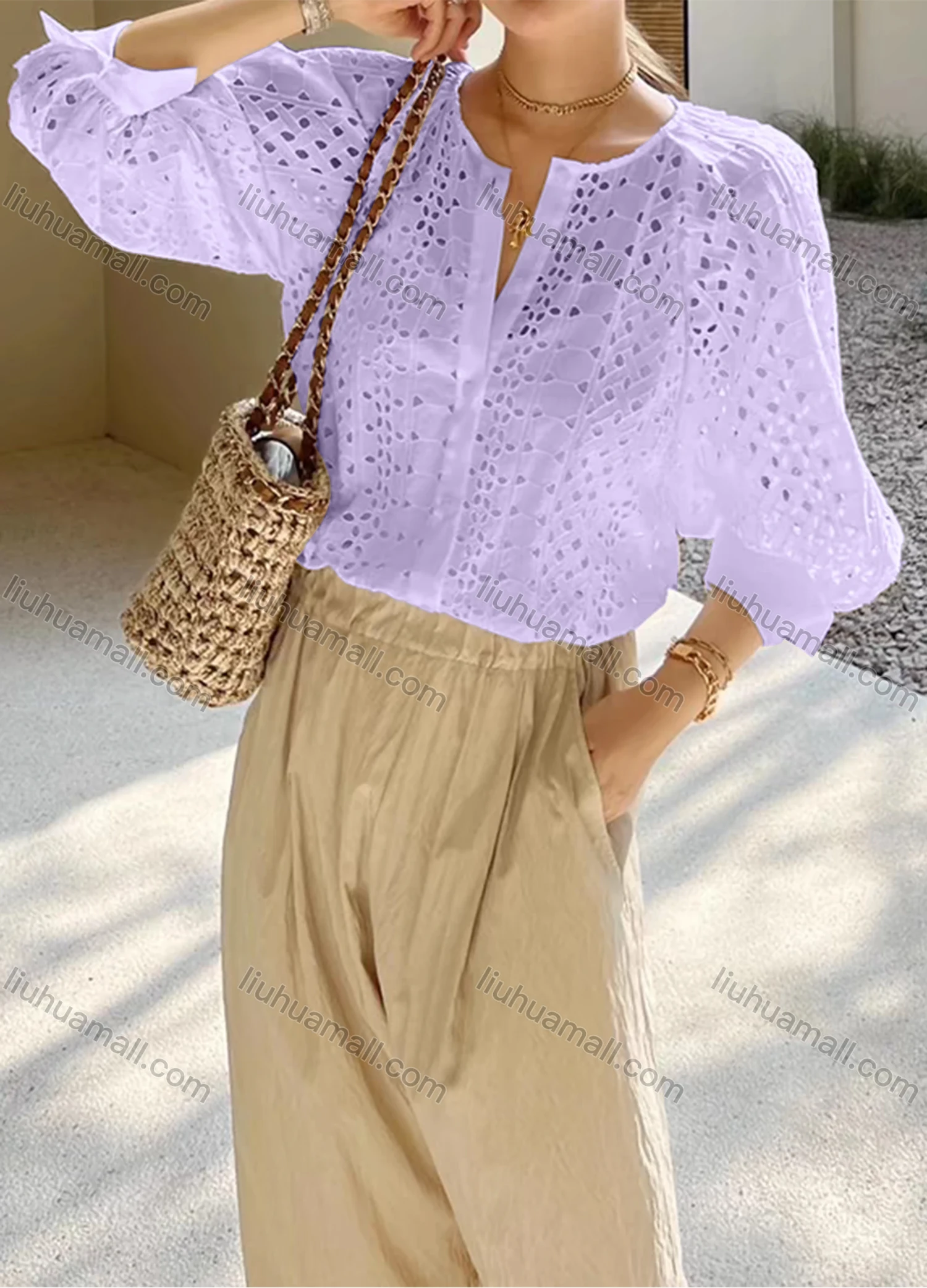 Wholesale Women's Casual Plain 3/4 Sleeve Crew Neck Hollow Out Button Down Blouse - Liuhuamall