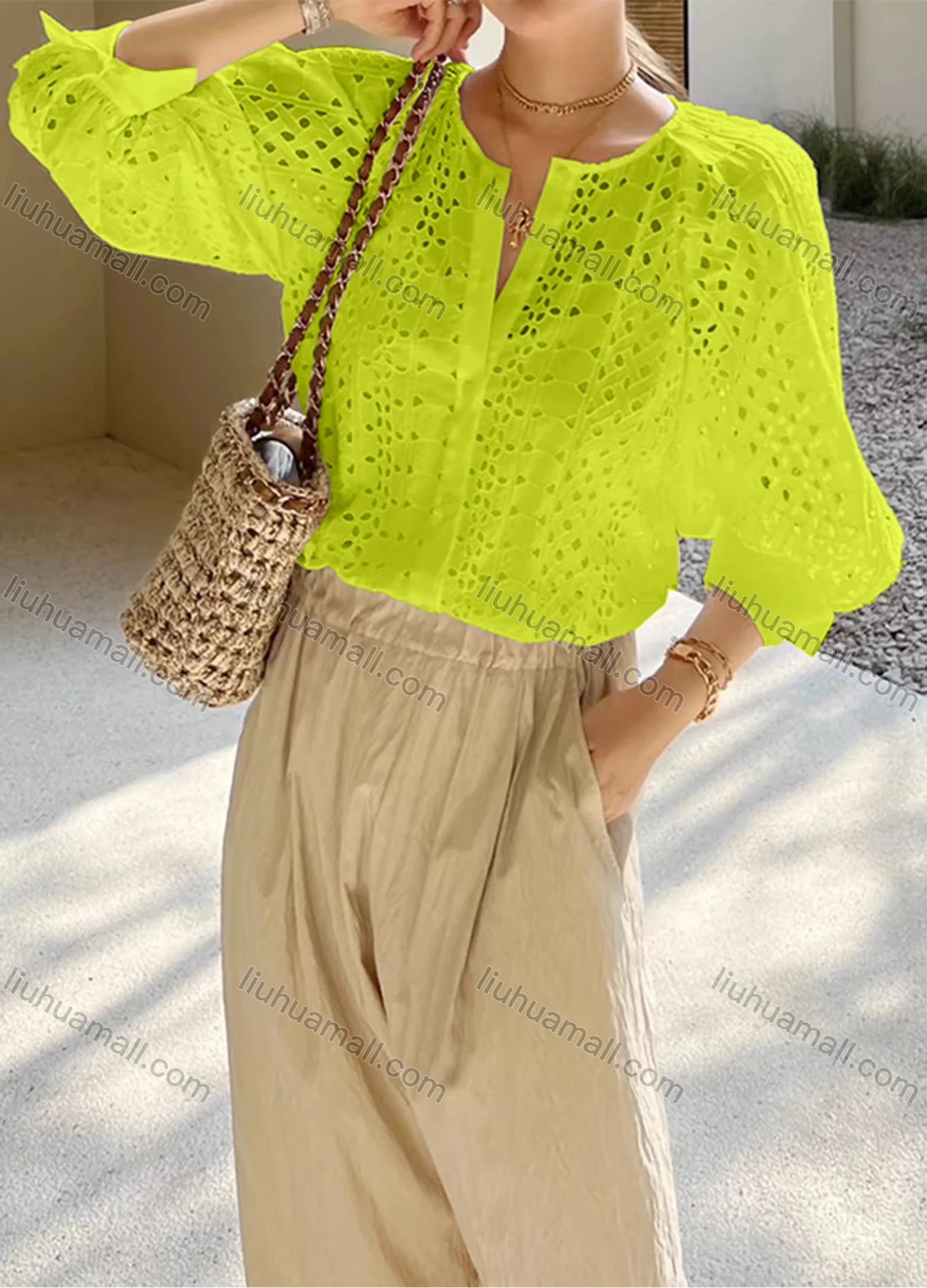 Wholesale Women's Casual Plain 3/4 Sleeve Crew Neck Hollow Out Button Down Blouse - Liuhuamall